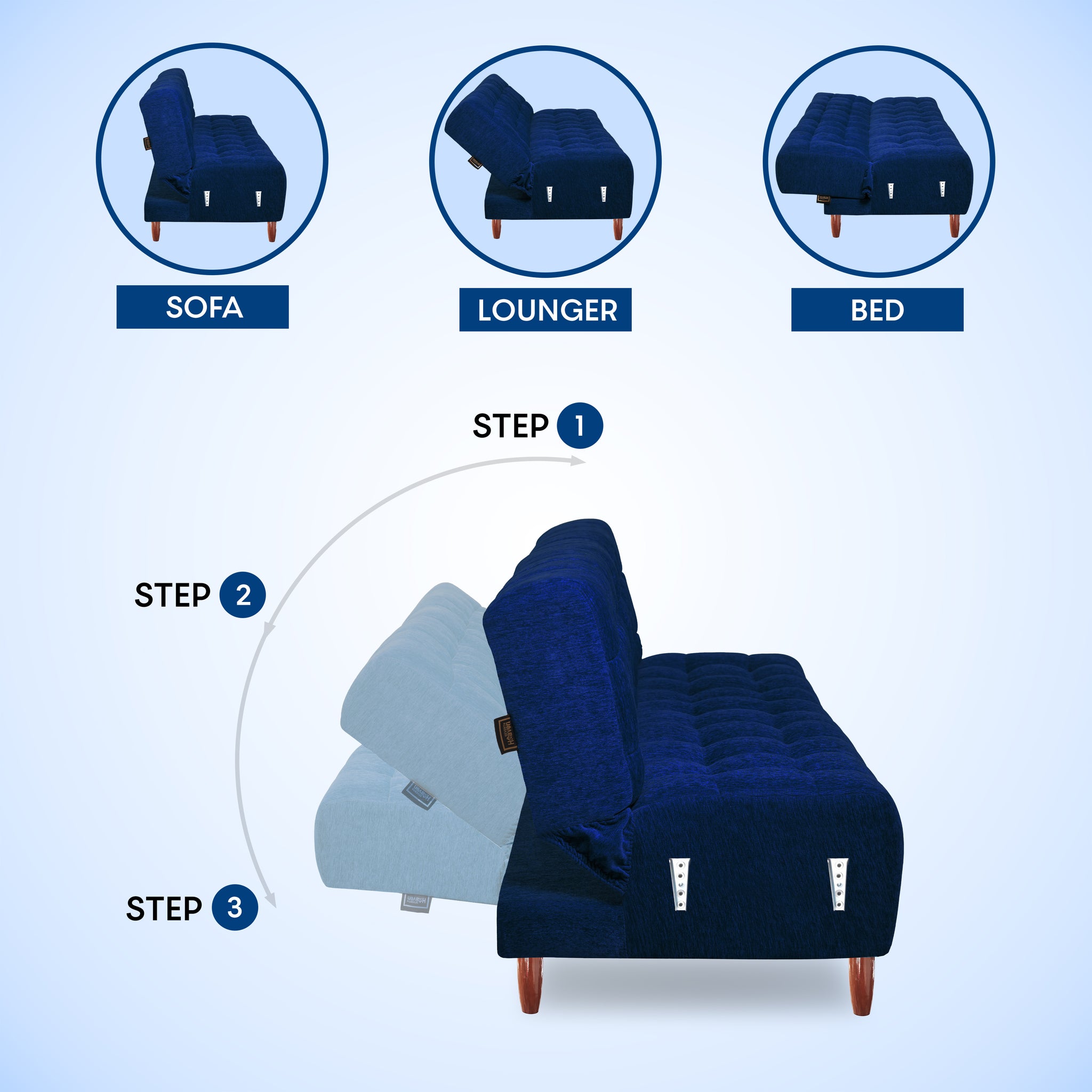 Lisbon Neo 4 Seater Wooden Sofa Cum Bed - ( Premium Molfino Fabric- Blue )