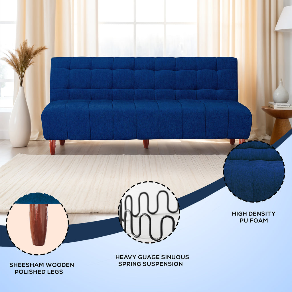 Florida 4 Seater Wooden Sofa Cum Bed - ( Premium Molfino Fabric- Blue)