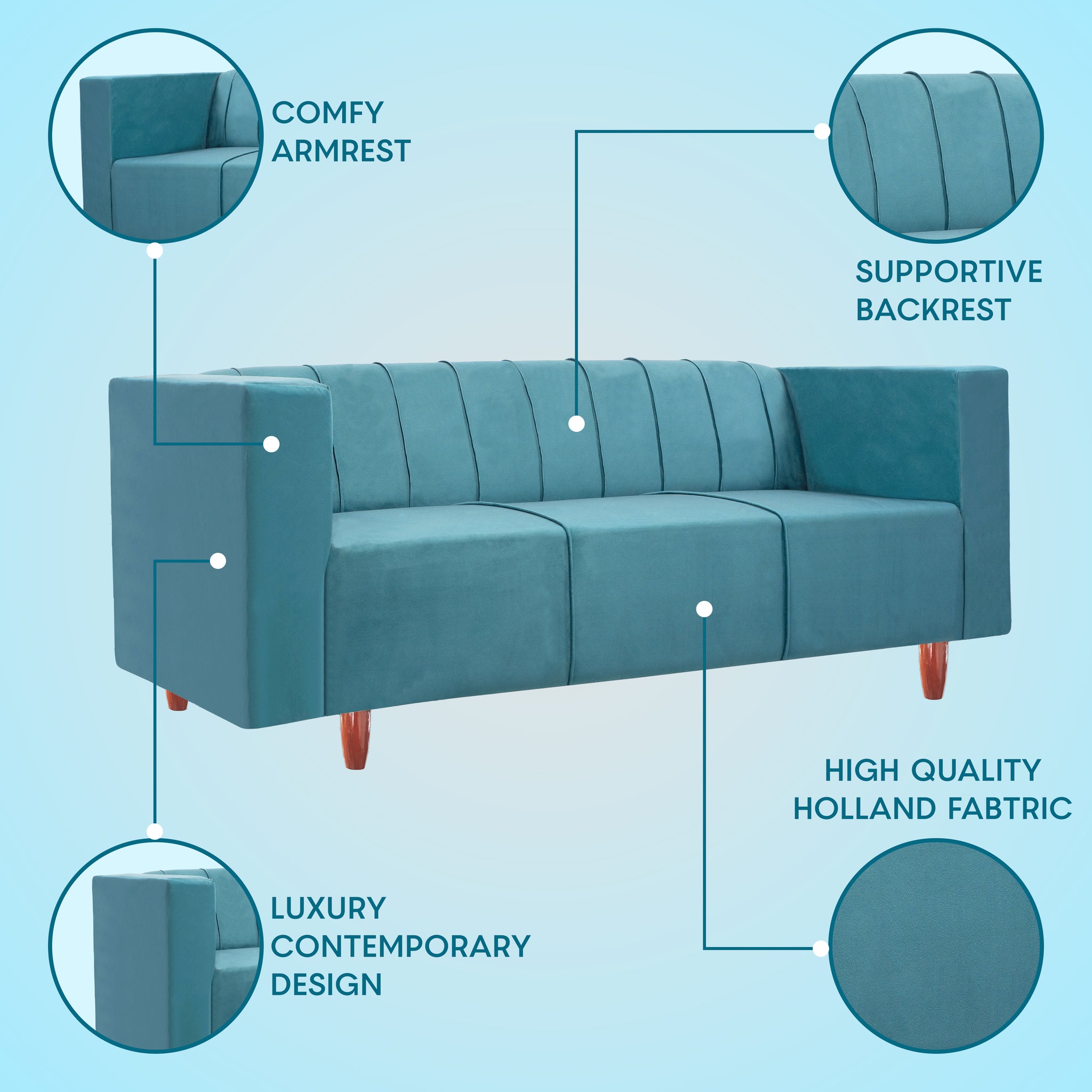 Sydney 3 Seater Sofa- ( Premium Holland Fabric- Sky Blue )