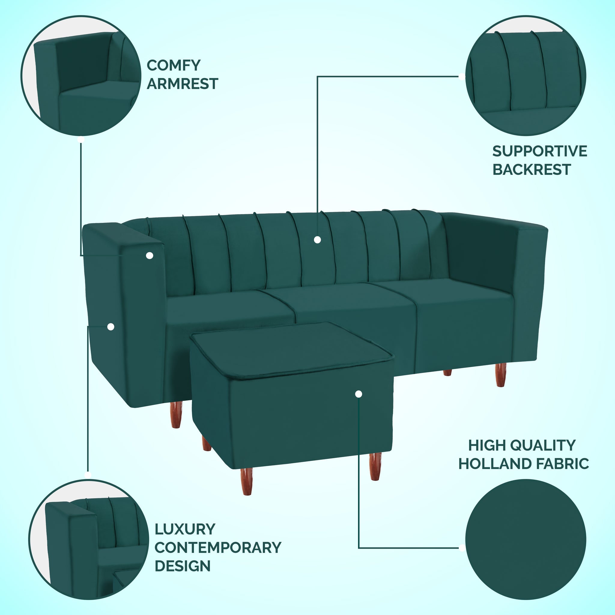 Sydney 4 Seater Sofa with Ottoman- ( Premium Holland Fabric- Teal )