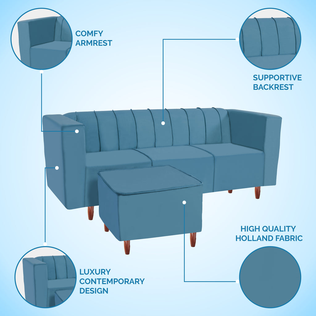Sydney 4 Seater Sofa with Ottoman- ( Premium Holland Fabric- Sky Blue )