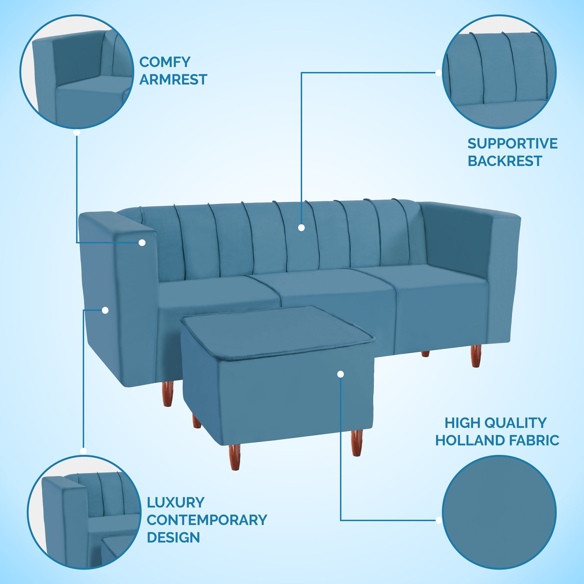 Sydney 4 Seater Sofa with Ottoman- ( Premium Holland Fabric- Sky Blue )