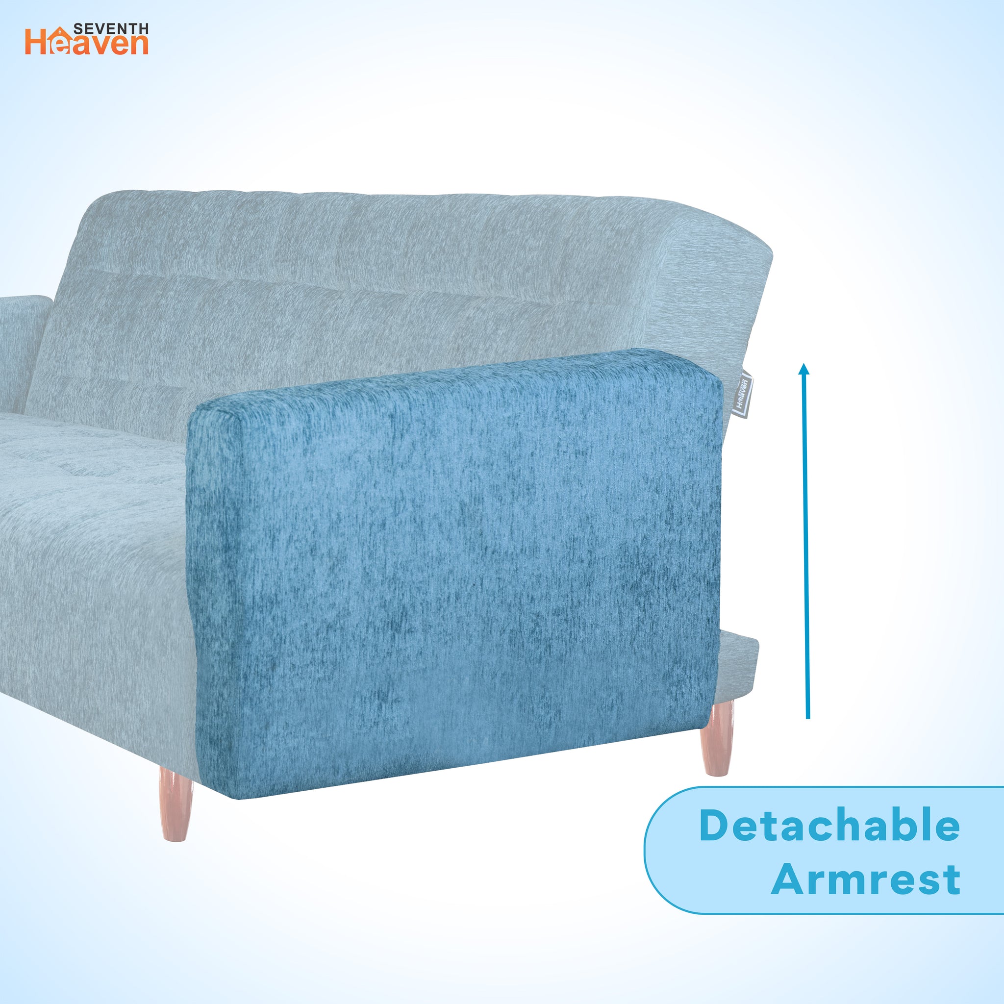 Lisbon 3 Seater Wooden Sofa Cum Bed - ( Premium Molfino Fabric- Sky Blue )