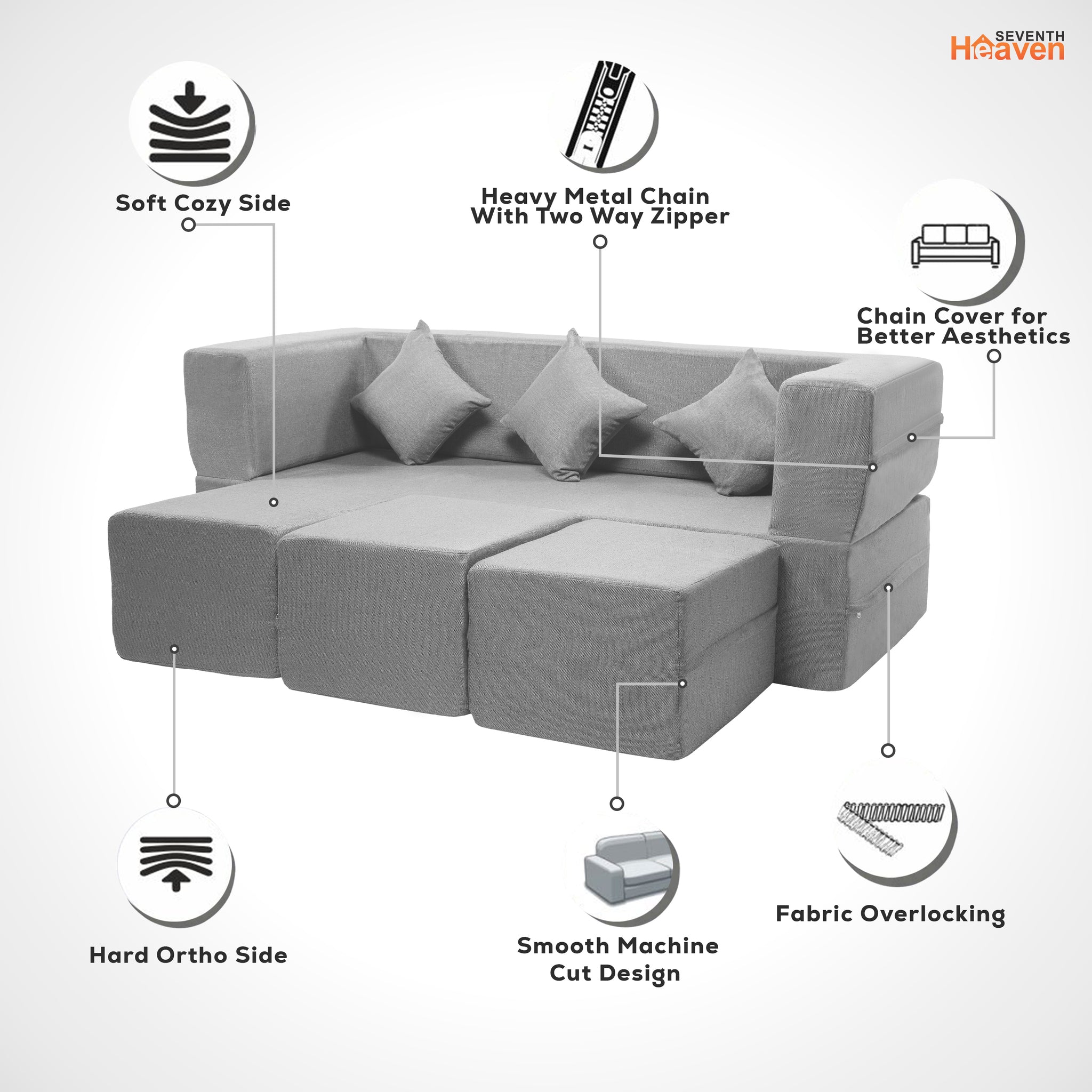 Flipper X Sofa Cum Bed - 3 Seater With 3 Ottoman - Plain Cushion (Jute Fabric, Light Grey )