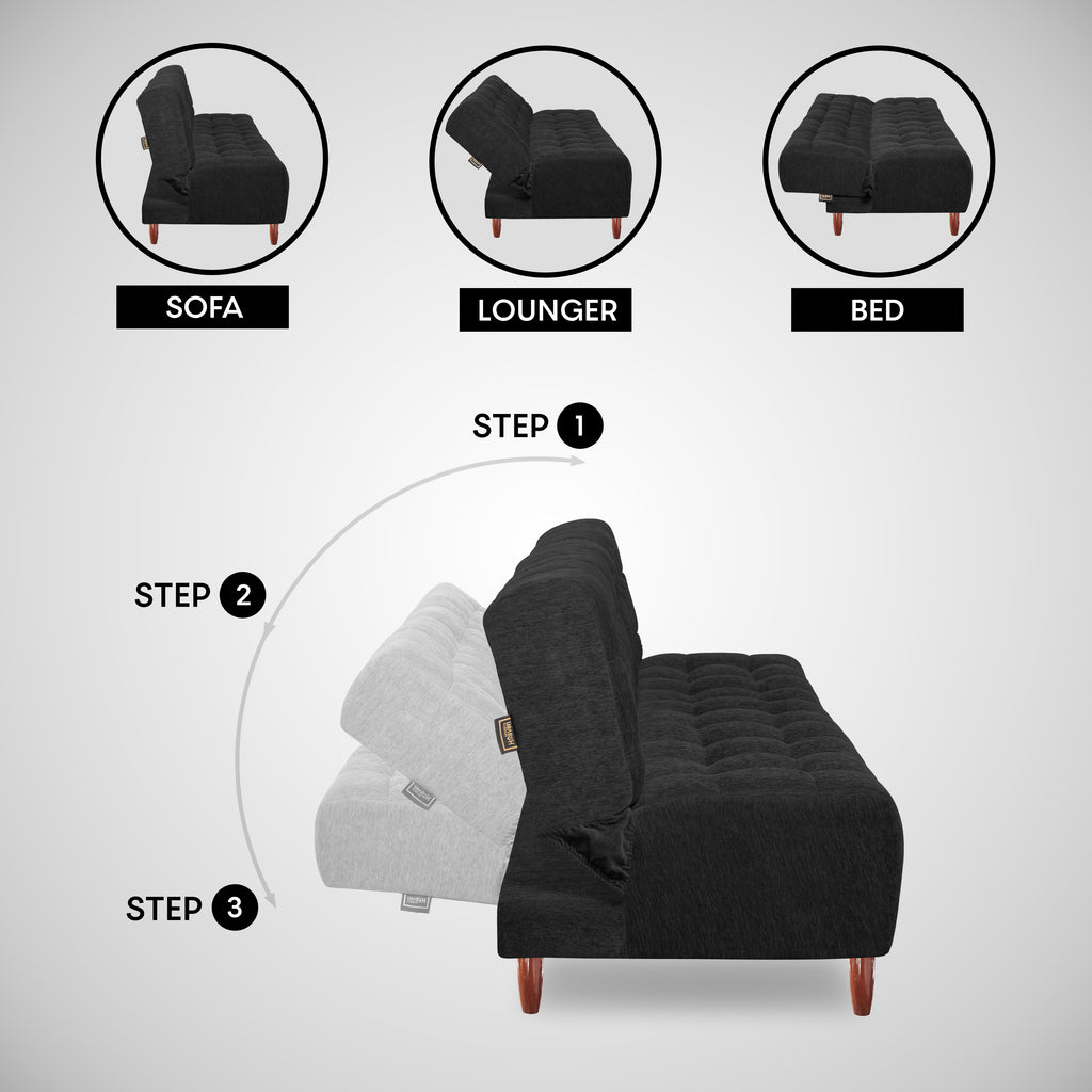 Florida Neo 3 Seater Wooden Sofa Cum Bed - ( Premium Molfino Fabric- Black )