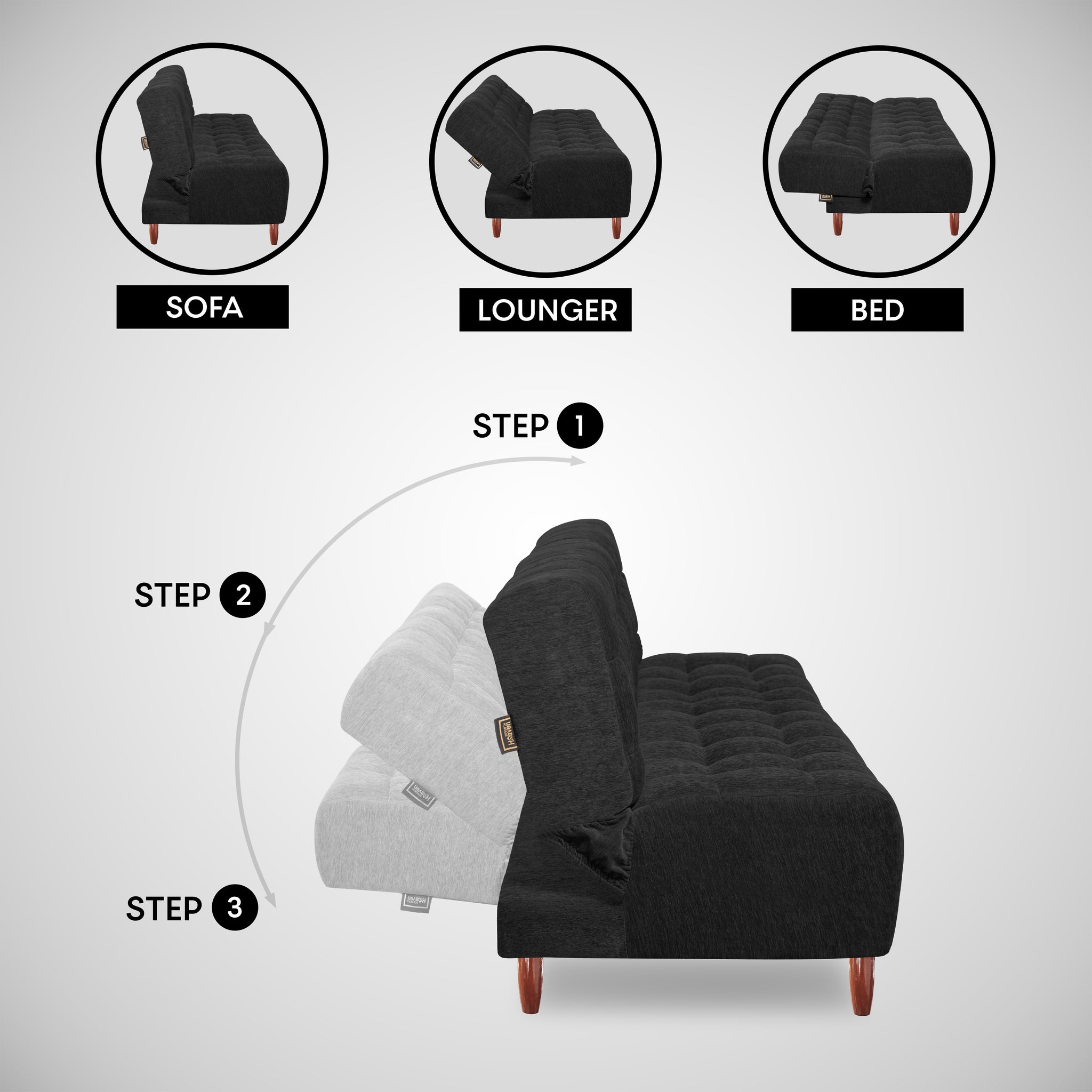 Florida Neo 3 Seater Wooden Sofa Cum Bed - ( Premium Molfino Fabric- Black )