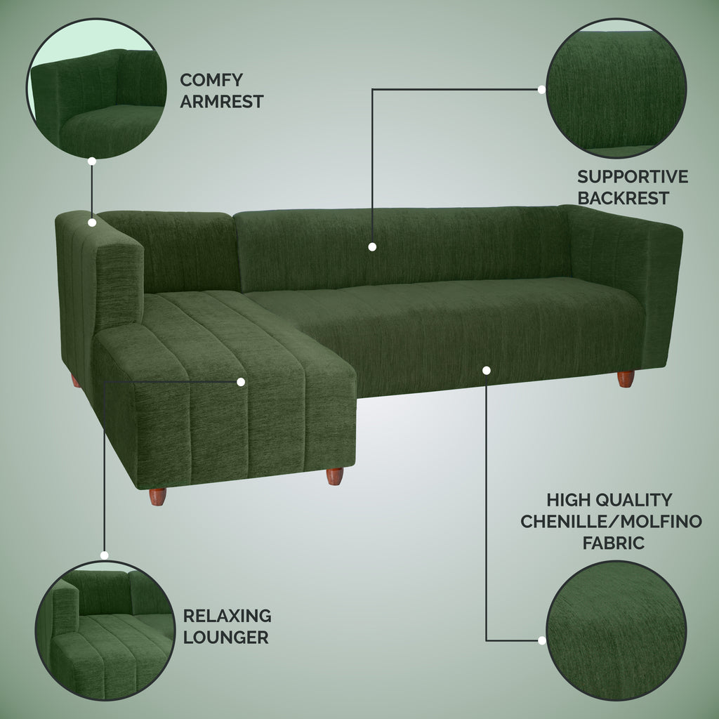 Tokyo 6 Seater Sofa Left Corner- ( Premium Molfino Fabric- Green )