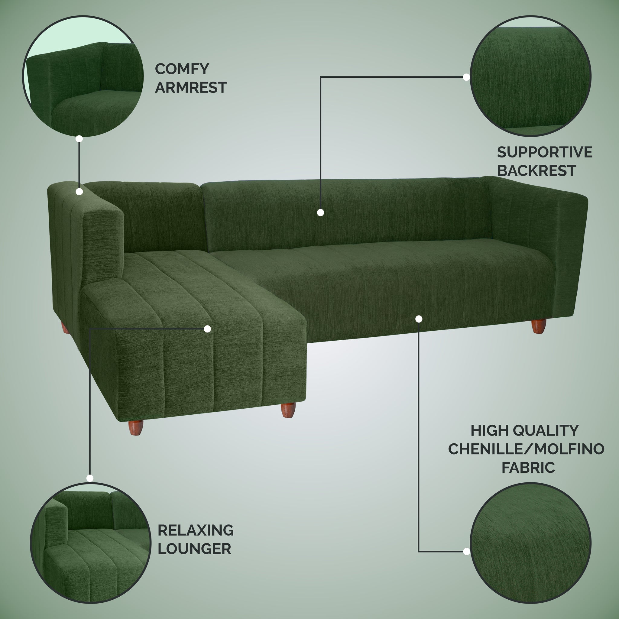 Tokyo 6 Seater Sofa Left Corner- ( Premium Molfino Fabric- Green )