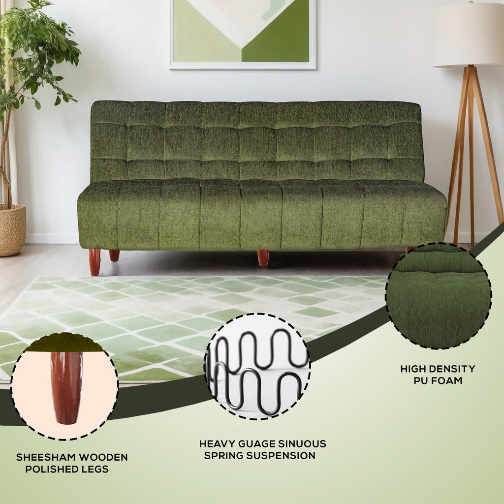 Florida 4 Seater Wooden Sofa Cum Bed - ( Premium Molfino Fabric- Green)