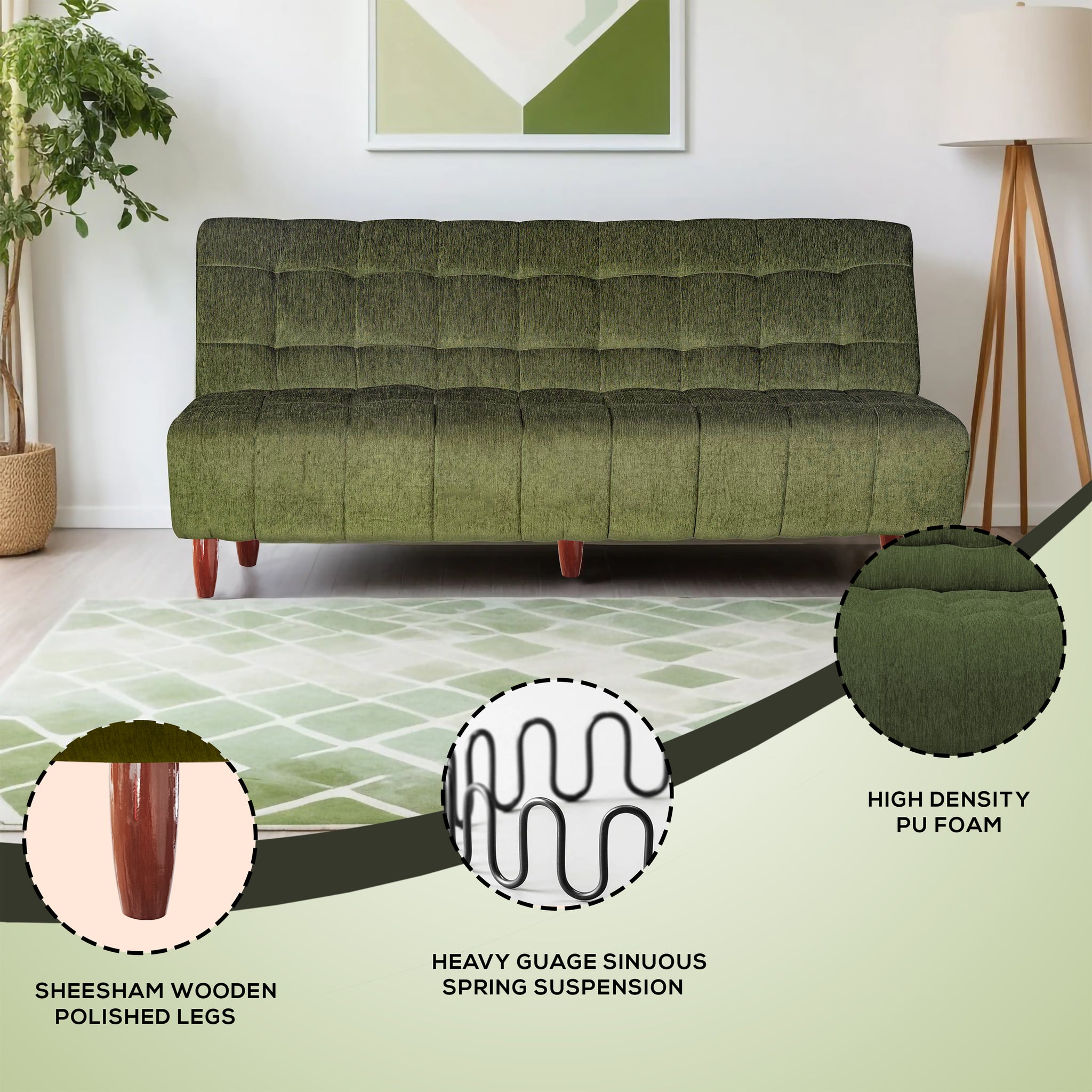 Florida 4 Seater Wooden Sofa Cum Bed - ( Premium Molfino Fabric- Green)