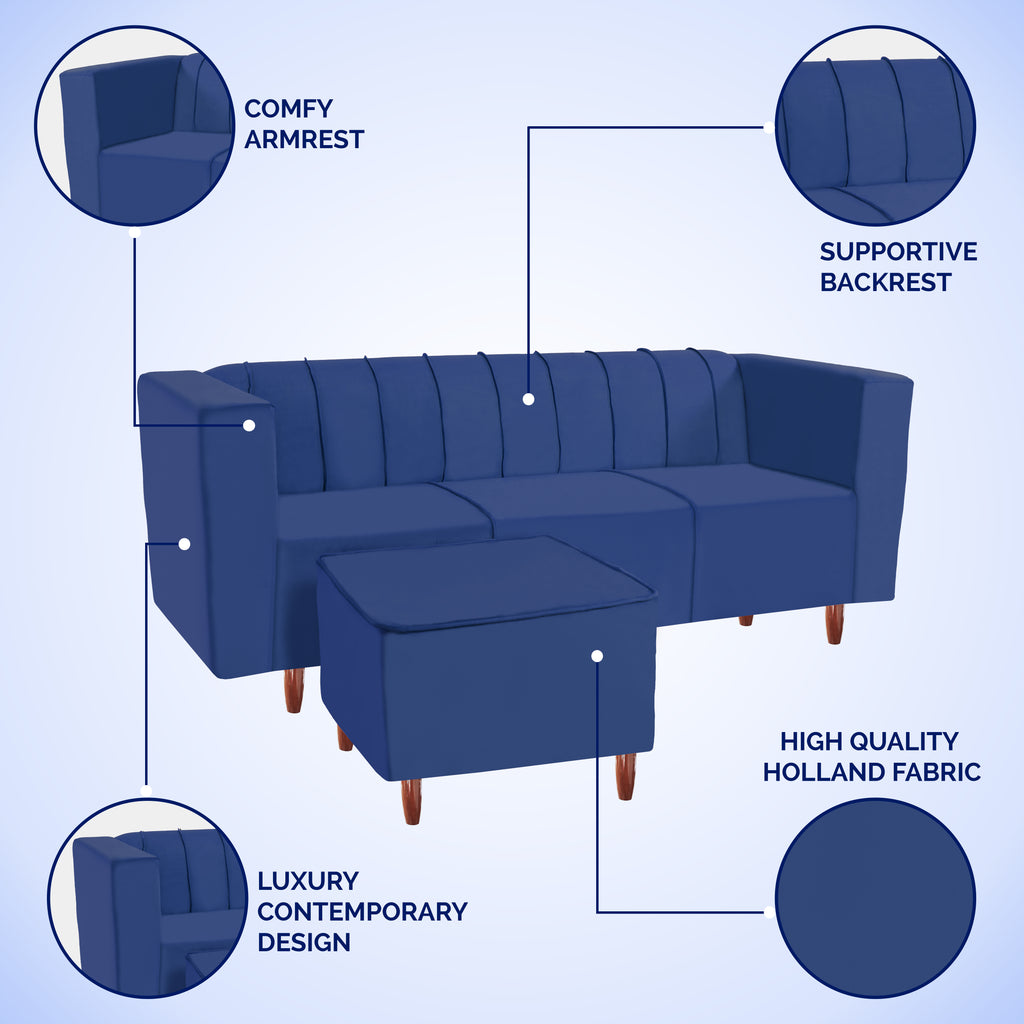 Sydney 4 Seater Sofa with Ottoman- ( Premium Holland Fabric- Blue )