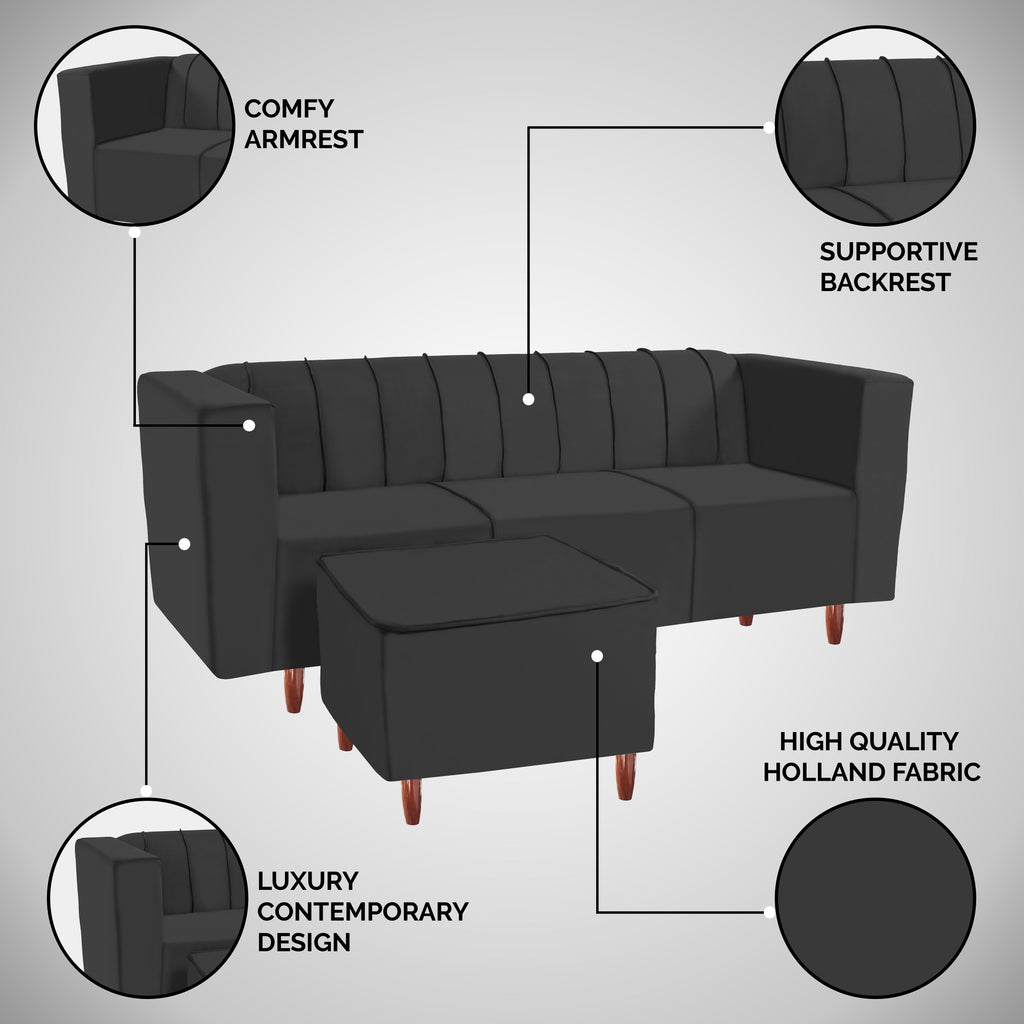 Sydney 4 Seater Sofa with Ottoman- ( Premium Holland Fabric- Black )