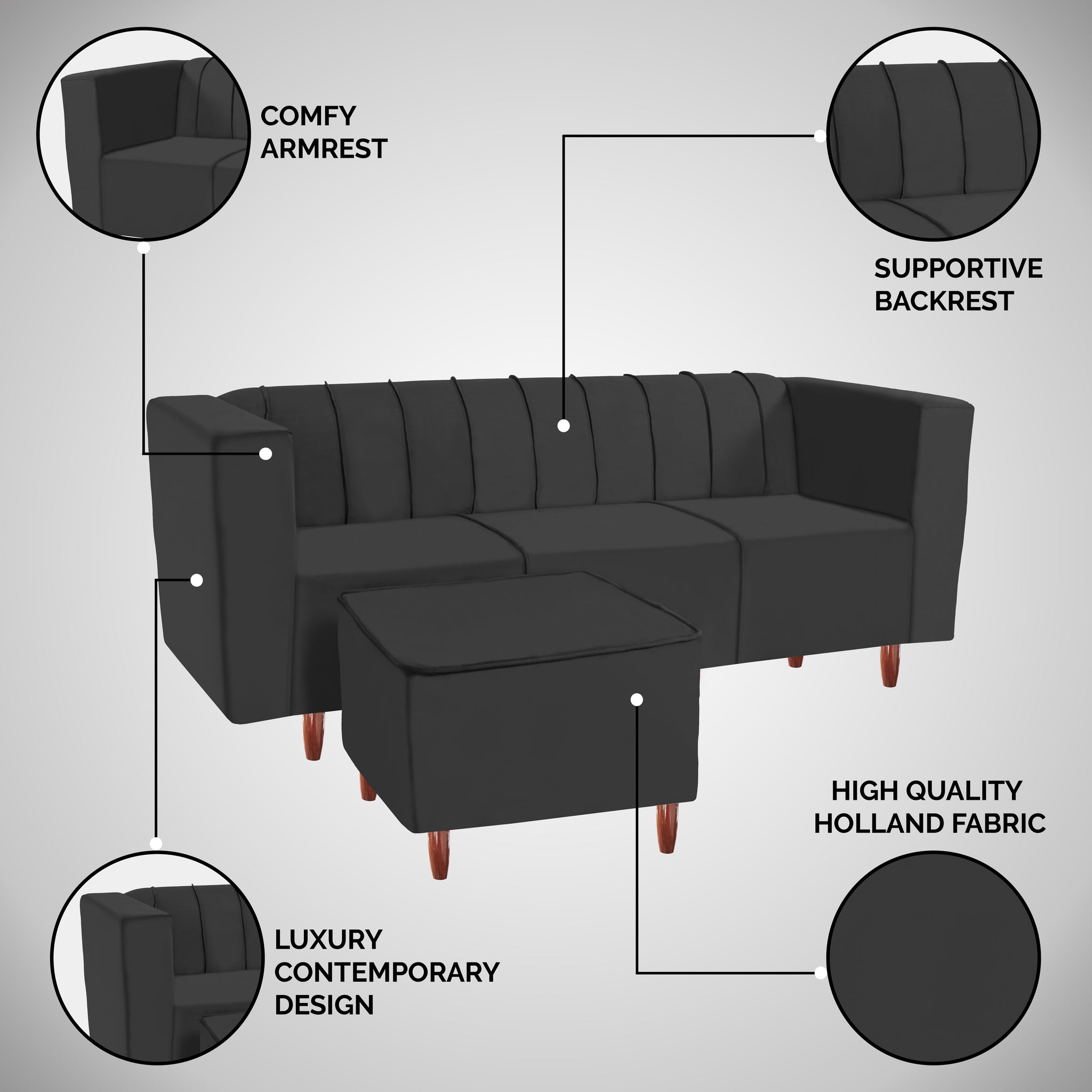 Sydney 4 Seater Sofa with Ottoman- ( Premium Holland Fabric- Black )