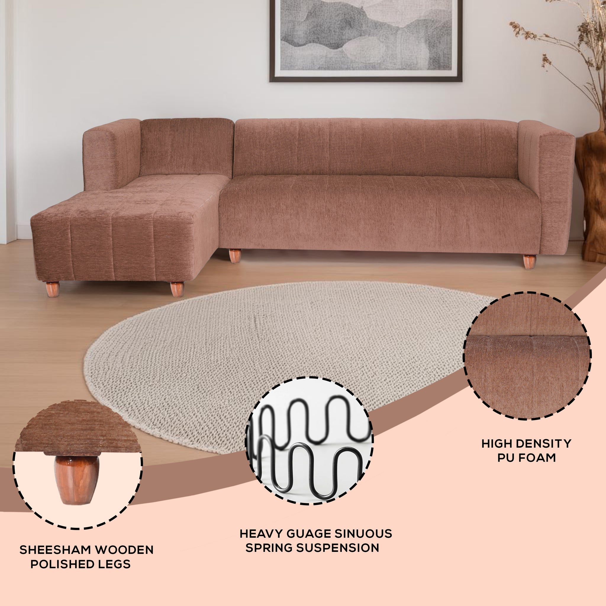 Tokyo 6 Seater Sofa Left Corner- ( Premium Molfino Fabric- Beige )