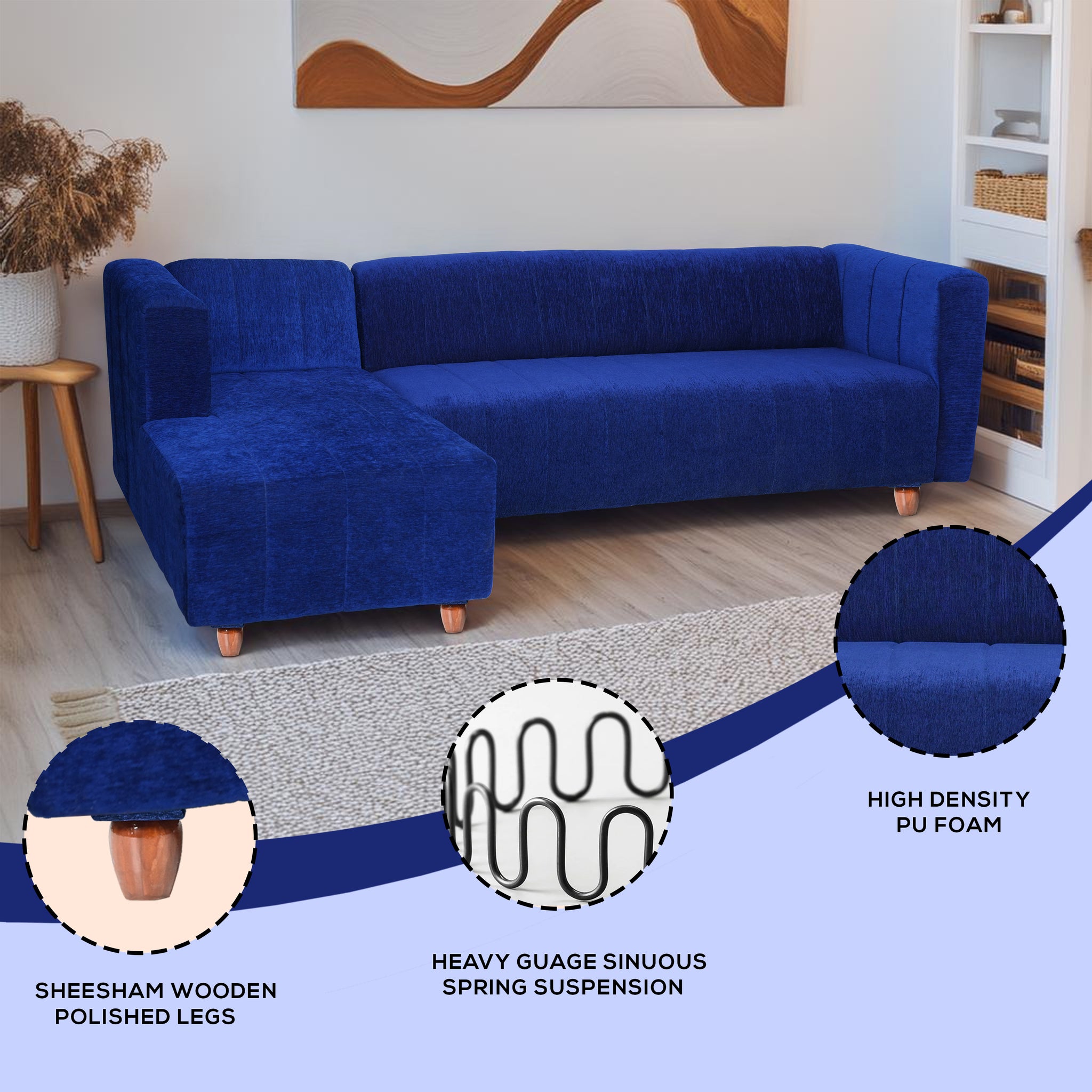 Tokyo 6 Seater Sofa Left Corner- ( Premium Molfino Fabric- Blue )