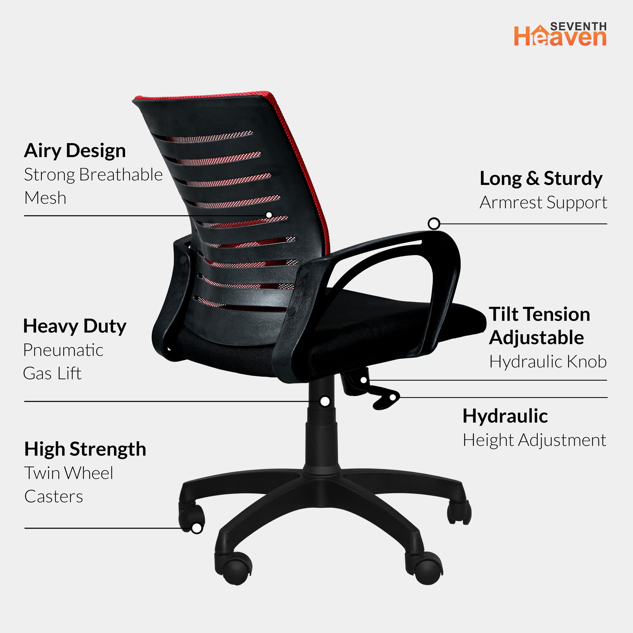 Bolt Mid-Back (Nylon Base) Office Chair – Ergonomic, Durable & Versatile (Red Mesh)