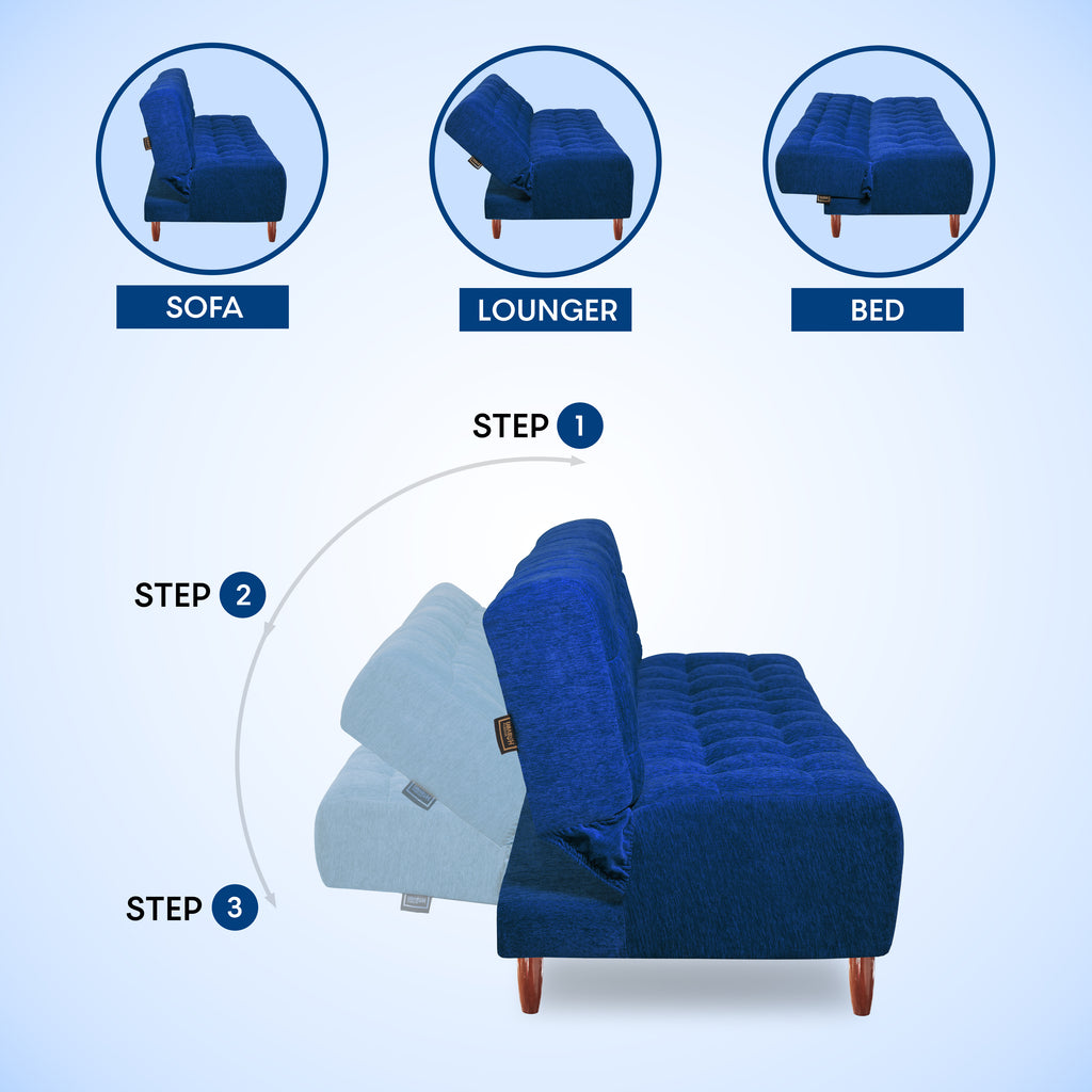 Neo Florida 3 Seater Wooden Sofa Cum Bed - ( Premium Molfino Fabric- Blue )