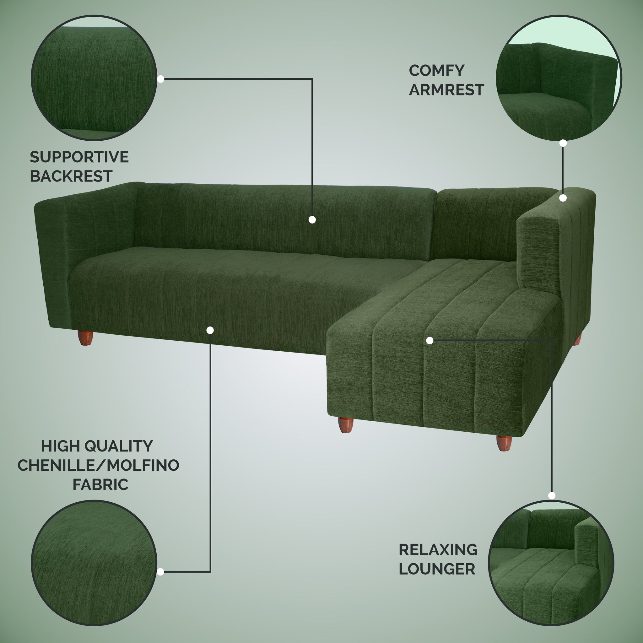 Tokyo 6 Seater Sofa Right Corner- ( Premium Molfino Fabric- Green )