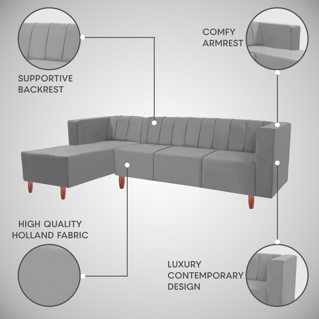 Sydney 6 Seater sofa left corner- ( Plush Suede Fabric- Grey )
