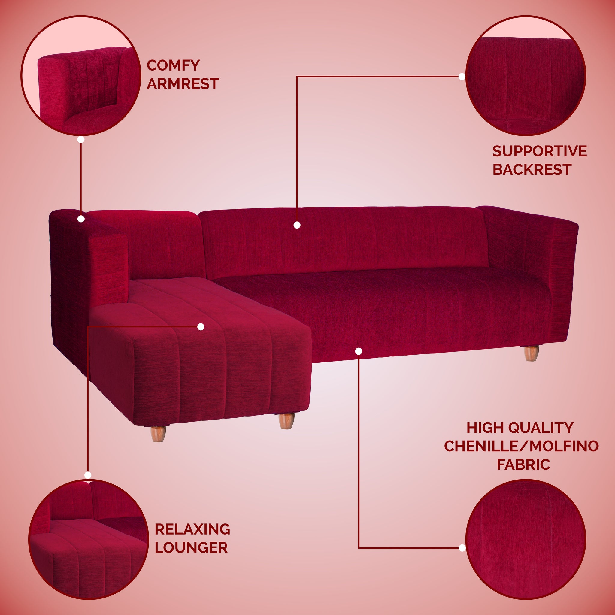 Tokyo 6 Seater Sofa Left Corner- ( Premium Molfino Fabric- Maroon )