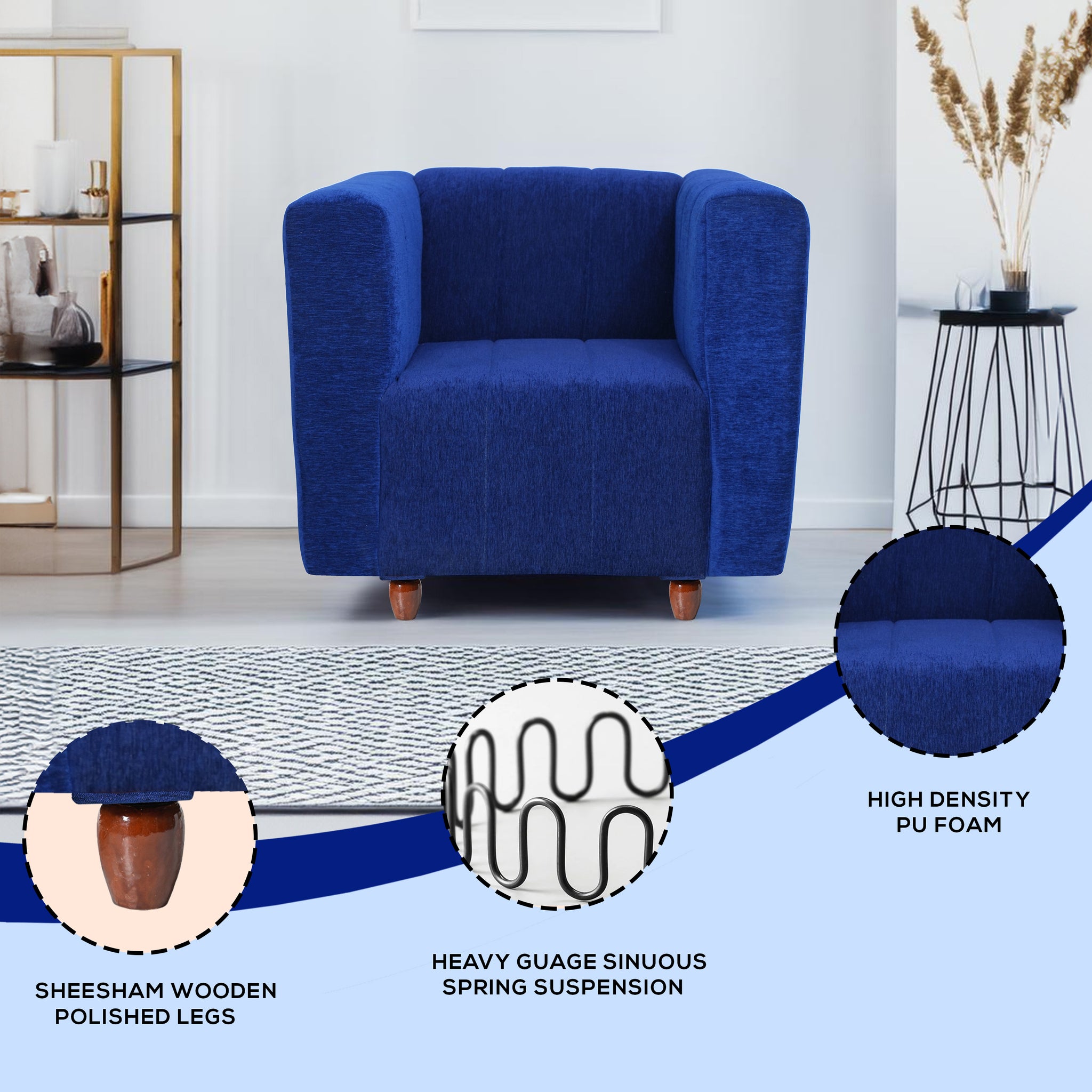 Seventh Heaven Tokyo 1 Seater Sofa, Extra Spacious, Chenille Molfino Fabric: 2 Year Warranty Fabric 1 Seater Sofa  Blue(Finish Color - Blue, DIY(Do-It-Yourself)