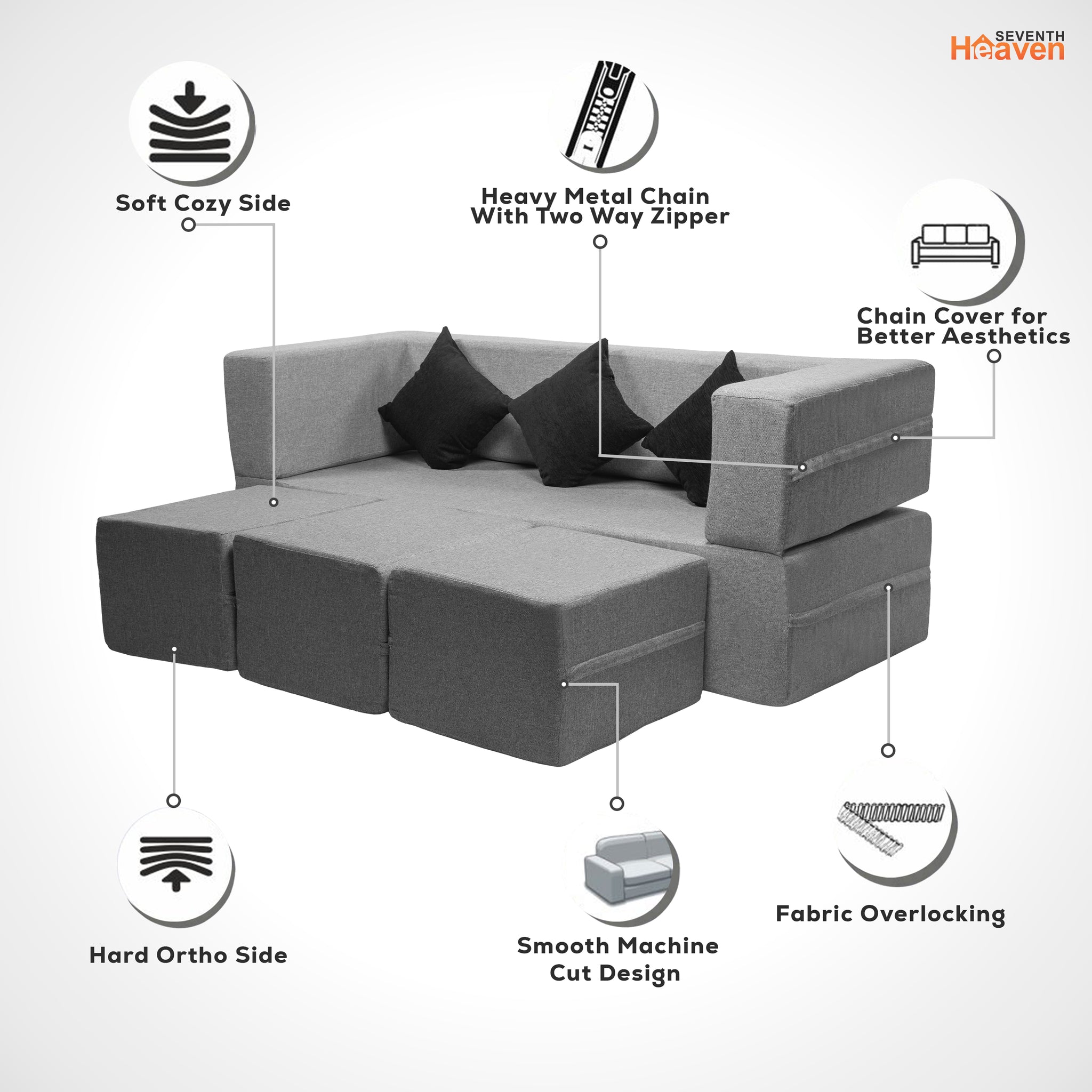 Flipper X Sofa Cum Bed - 3 Seater With 3 Ottoman - Plain Cushions ( Jute Fabric, Light Grey )