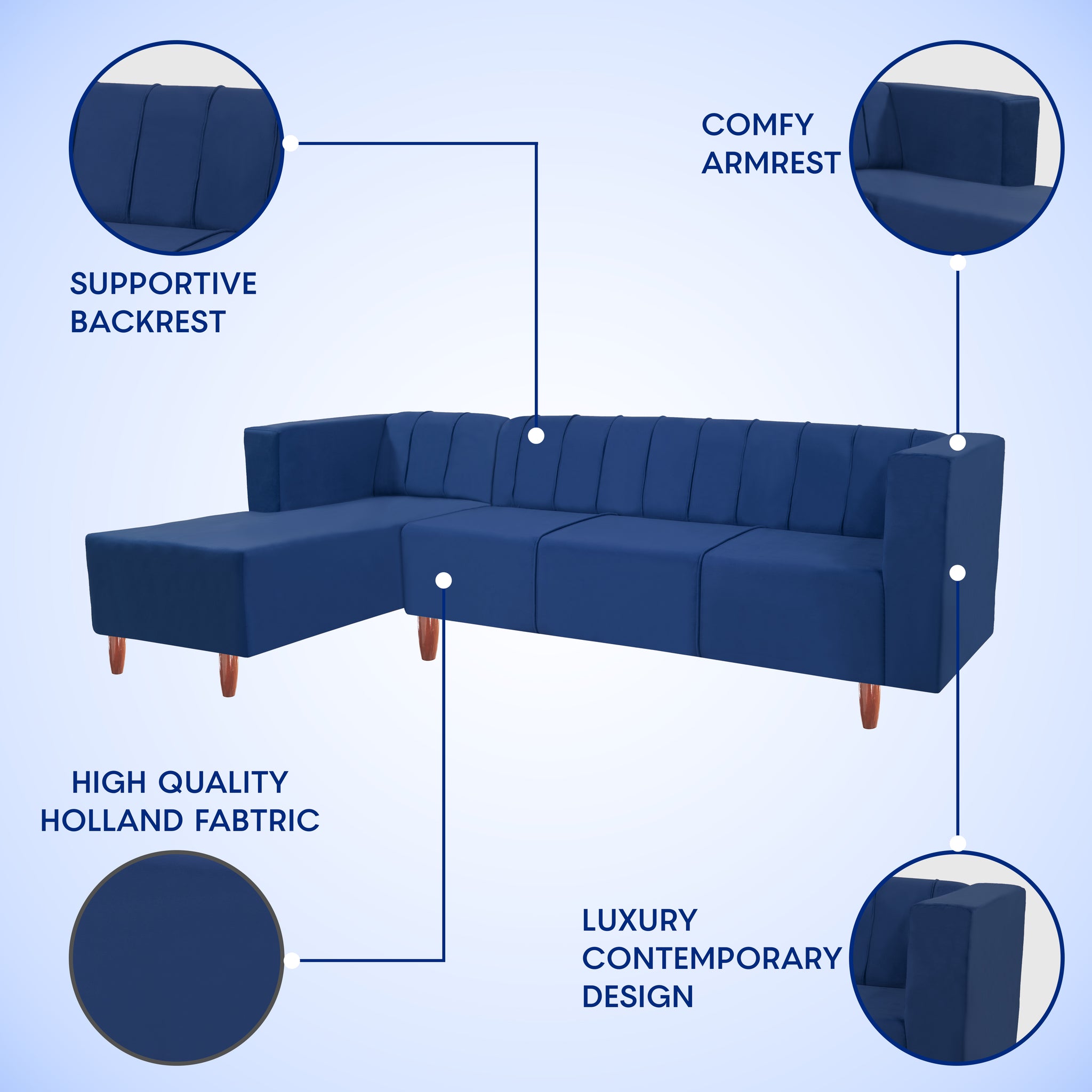 Sydney 6 Seater Sofa Left Corner- ( Polyster Holland Fabric- Blue)