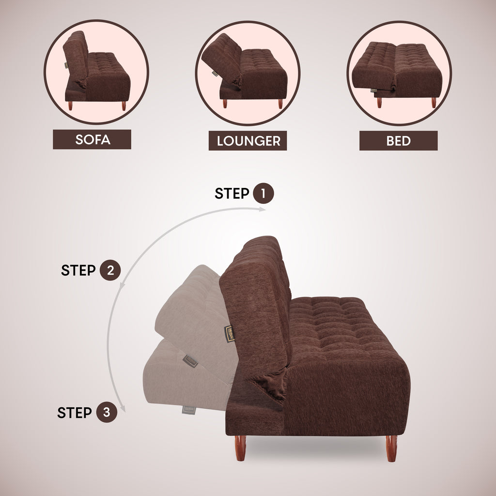 Florida Neo 3 Seater Wooden Sofa Cum Bed - ( Premium Molfino Fabric- Brown )