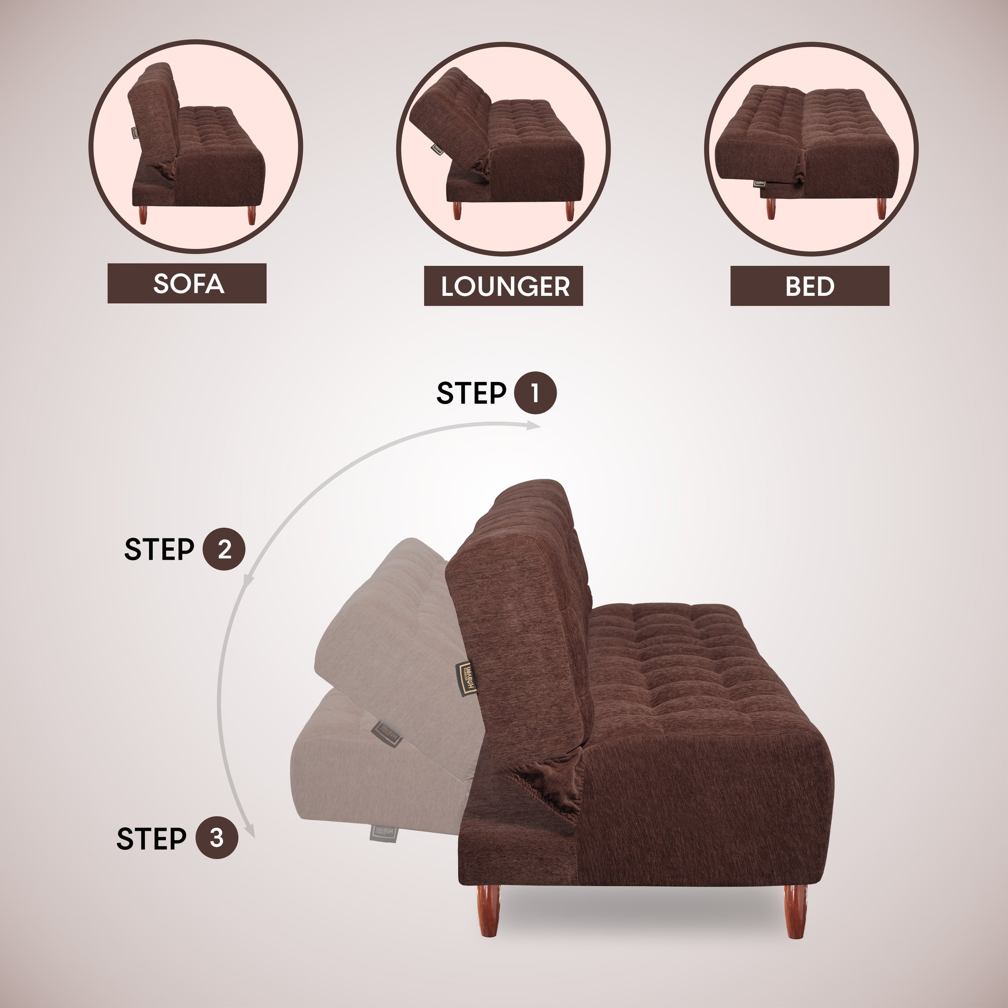 Florida Neo 3 Seater Wooden Sofa Cum Bed - ( Premium Molfino Fabric- Brown )