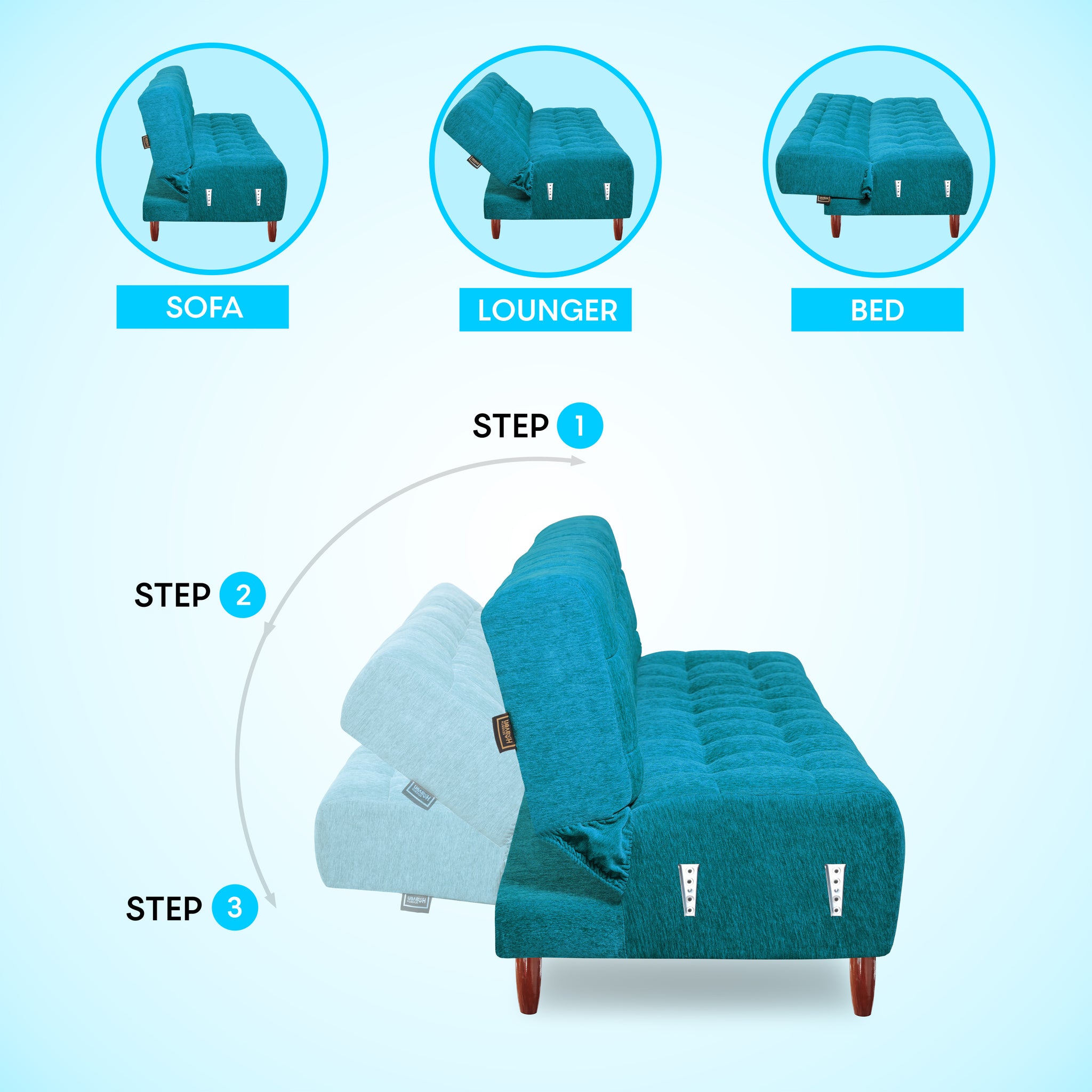 Lisbon Neo 4 Seater Wooden Sofa Cum Bed - ( Premium Molfino Fabric- Sky Blue )