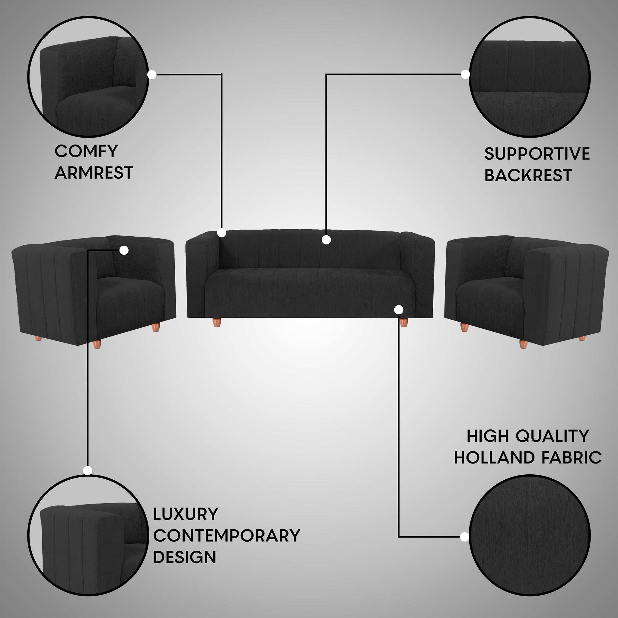 Tokyo 5 Seater Sofa- (3+1+1) ( Premium Molfino Fabric - Black )