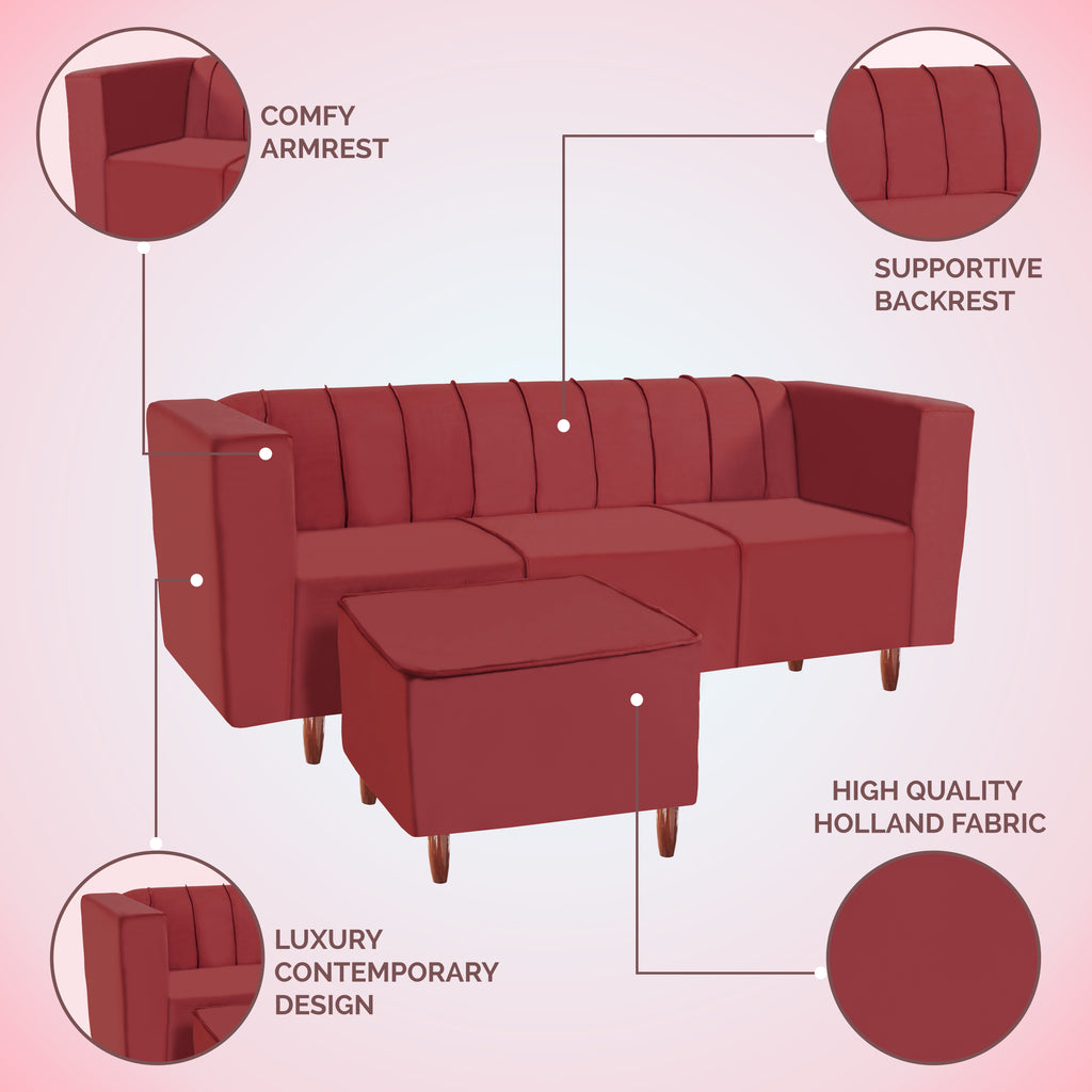 Sydney 4 Seater Sofa with Ottoman- ( Premium Holland Fabric- Maroon )
