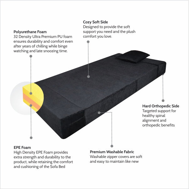 Rejoice Sofa Cum Bed - 1 Seater, Plain Cushion ( Premium Molfino Fabric, Blackl )