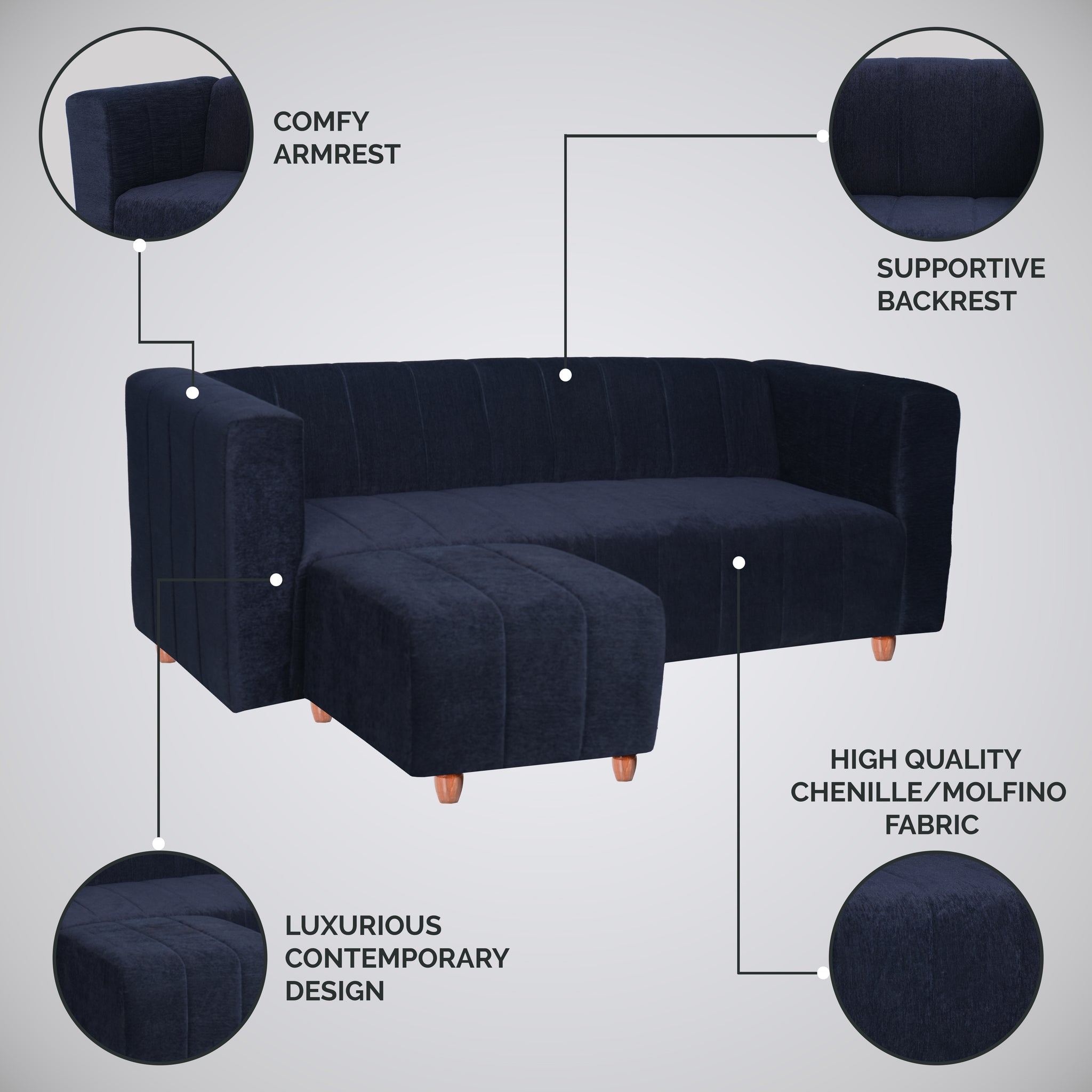 Tokyo 4 Seater Sofa with Ottoman- ( Premium Molfino Fabric- Black )