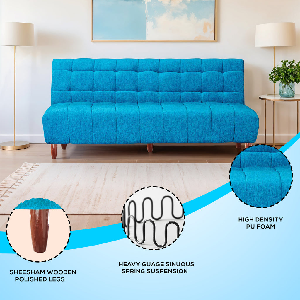 Florida 3 Seater Wooden Sofa Cum Bed - ( Premium Molfino Fabric- Sky Blue )