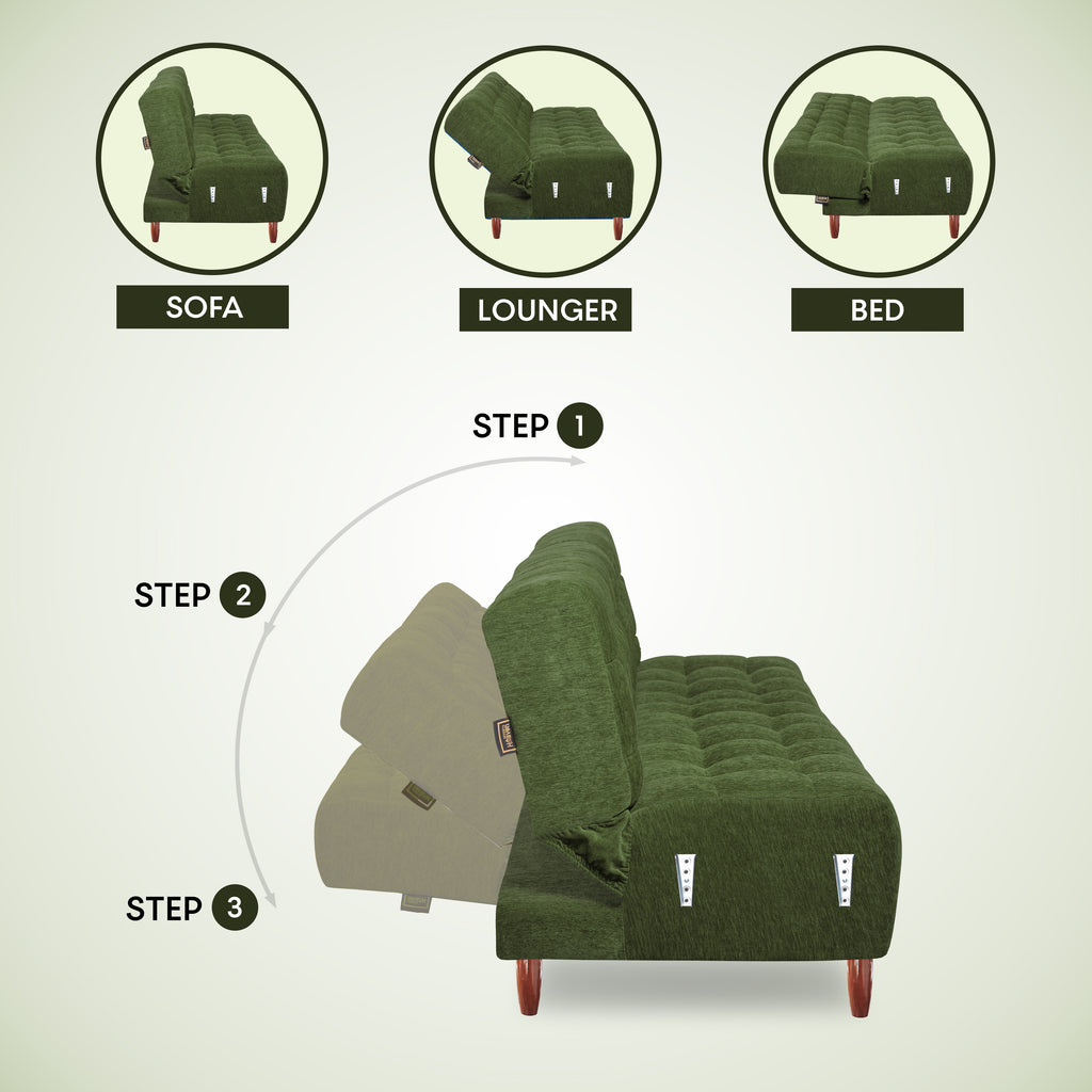 Lisbon Neo 4 Seater Wooden Sofa Cum Bed - ( Premium Molfino Fabric- Green)
