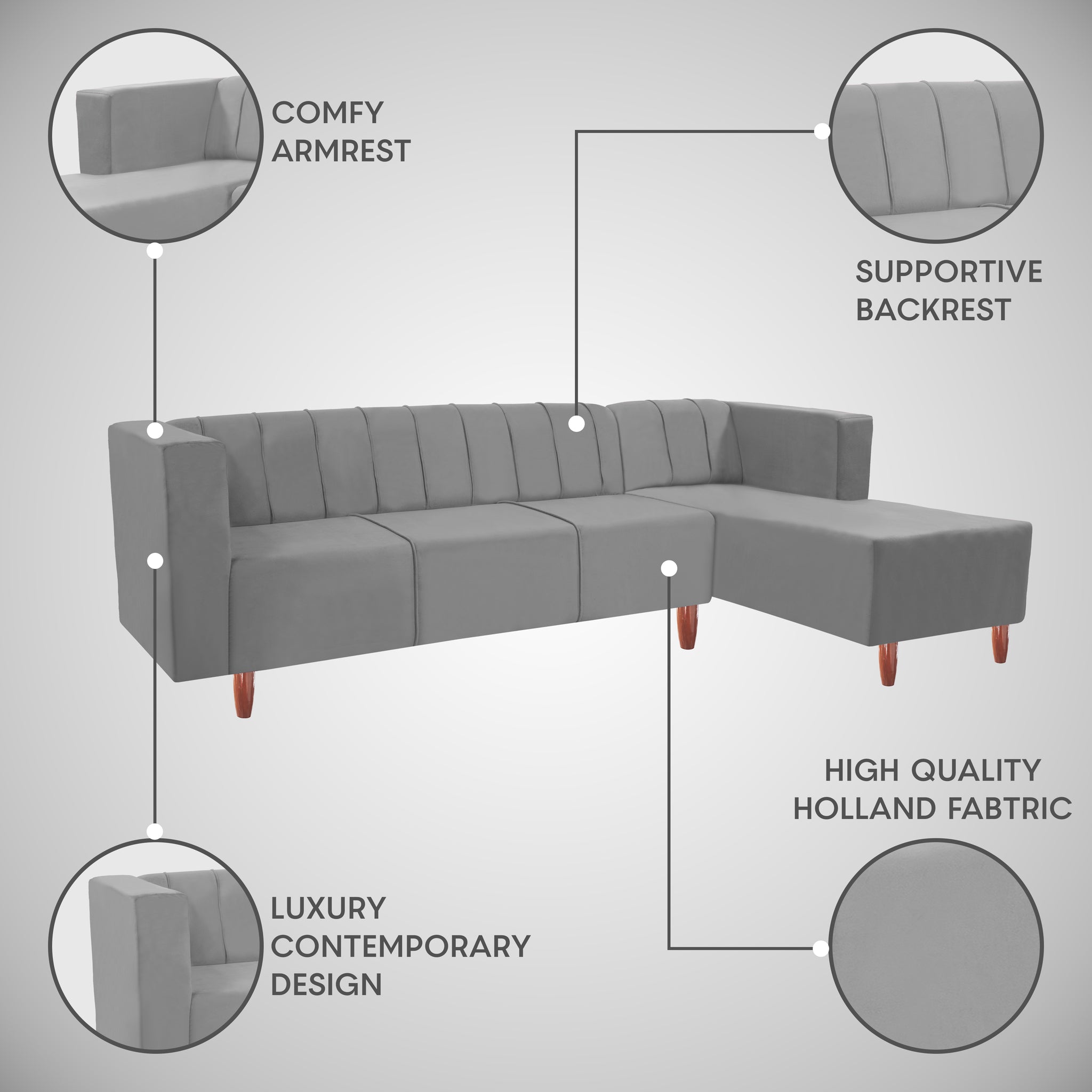 Sydney 6 Seater sofa right corner- ( Premium Holland Fabric- Grey )