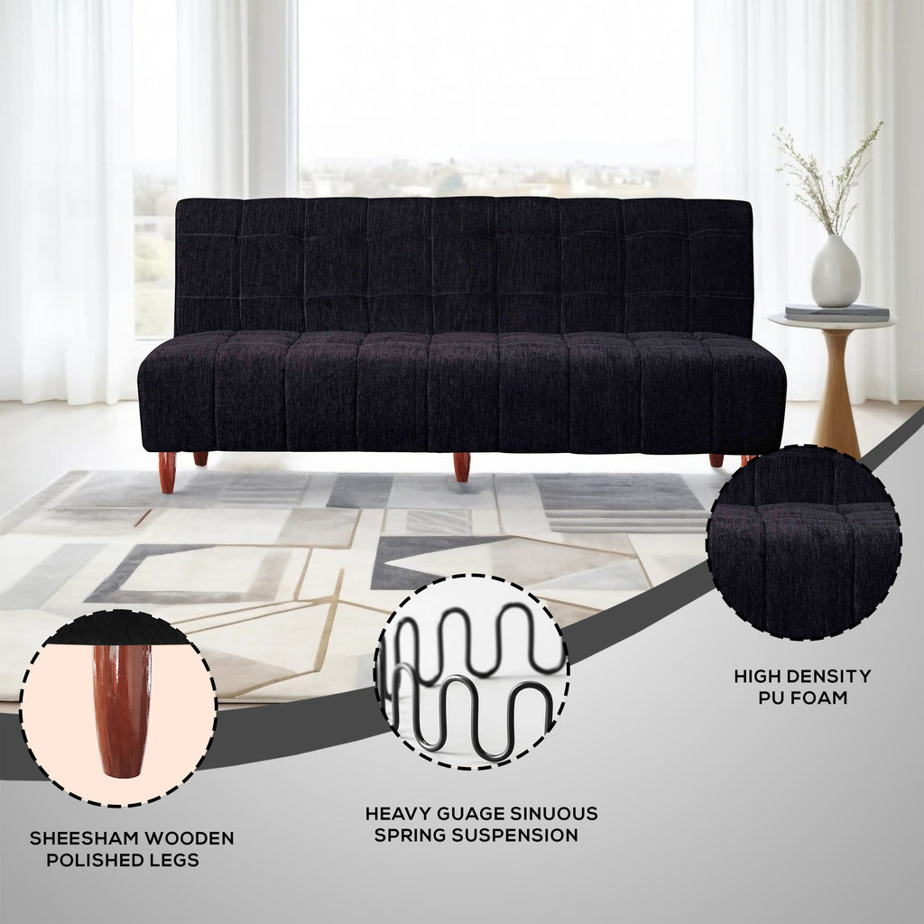 Florida 3 Seater Wooden Sofa Cum Bed - ( Premium Molfino Fabric- Black )