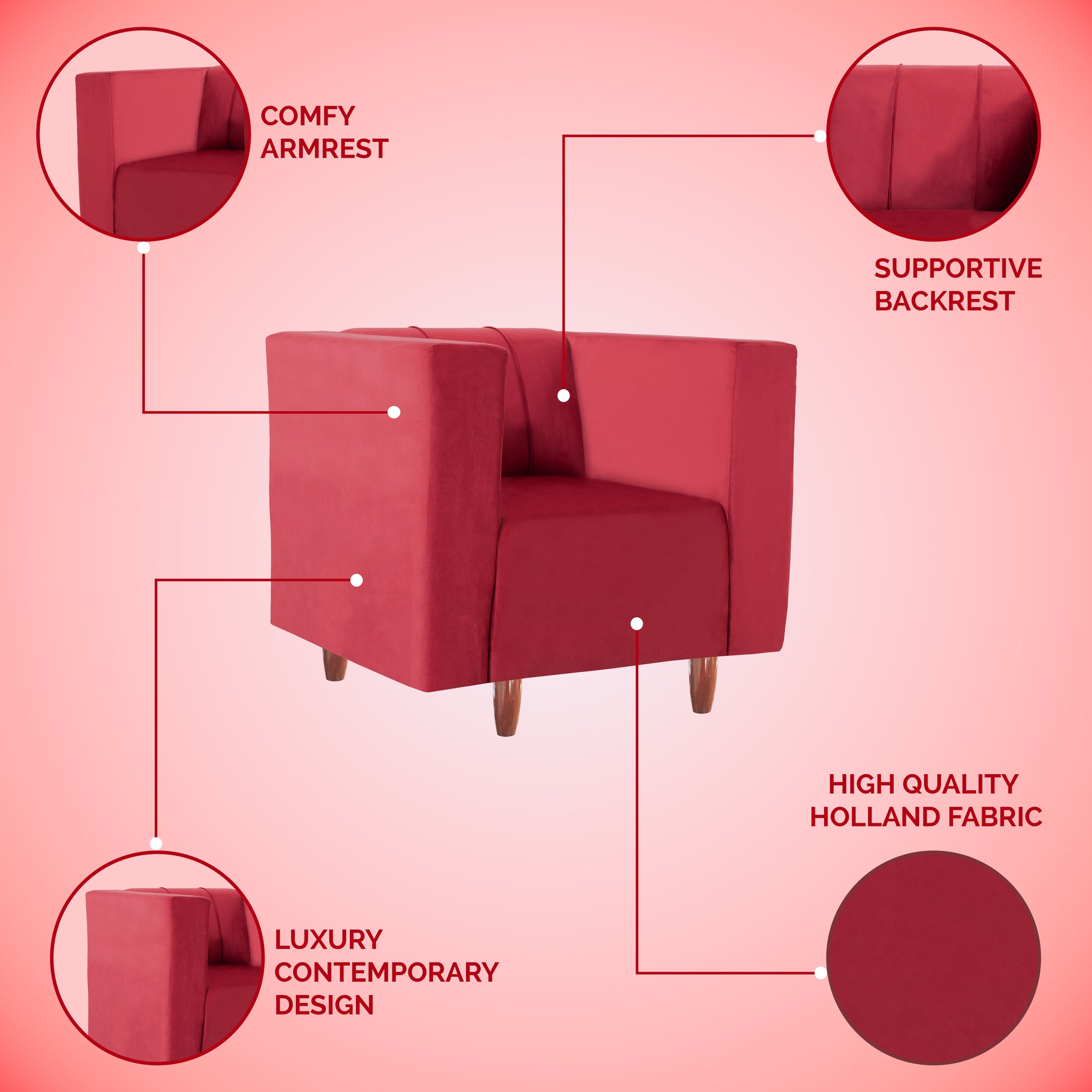 Sydney 1 Seater Sofa- ( Premium Holland Fabric- Maroon )