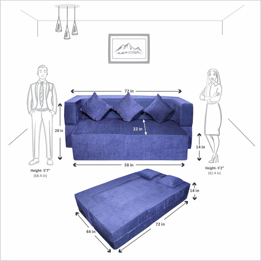 Flipper X Sofa Cum Bed - 3  Seater, Plain Cushion ( Premium Molfino Fabric, Blue)