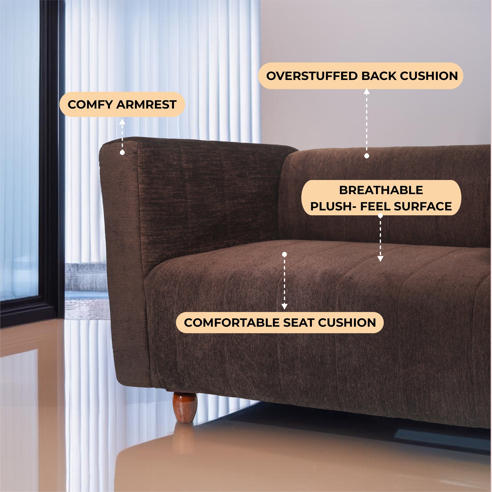 Tokyo 2 Seater Sofa- ( Premium Molfino Fabric- Brown )