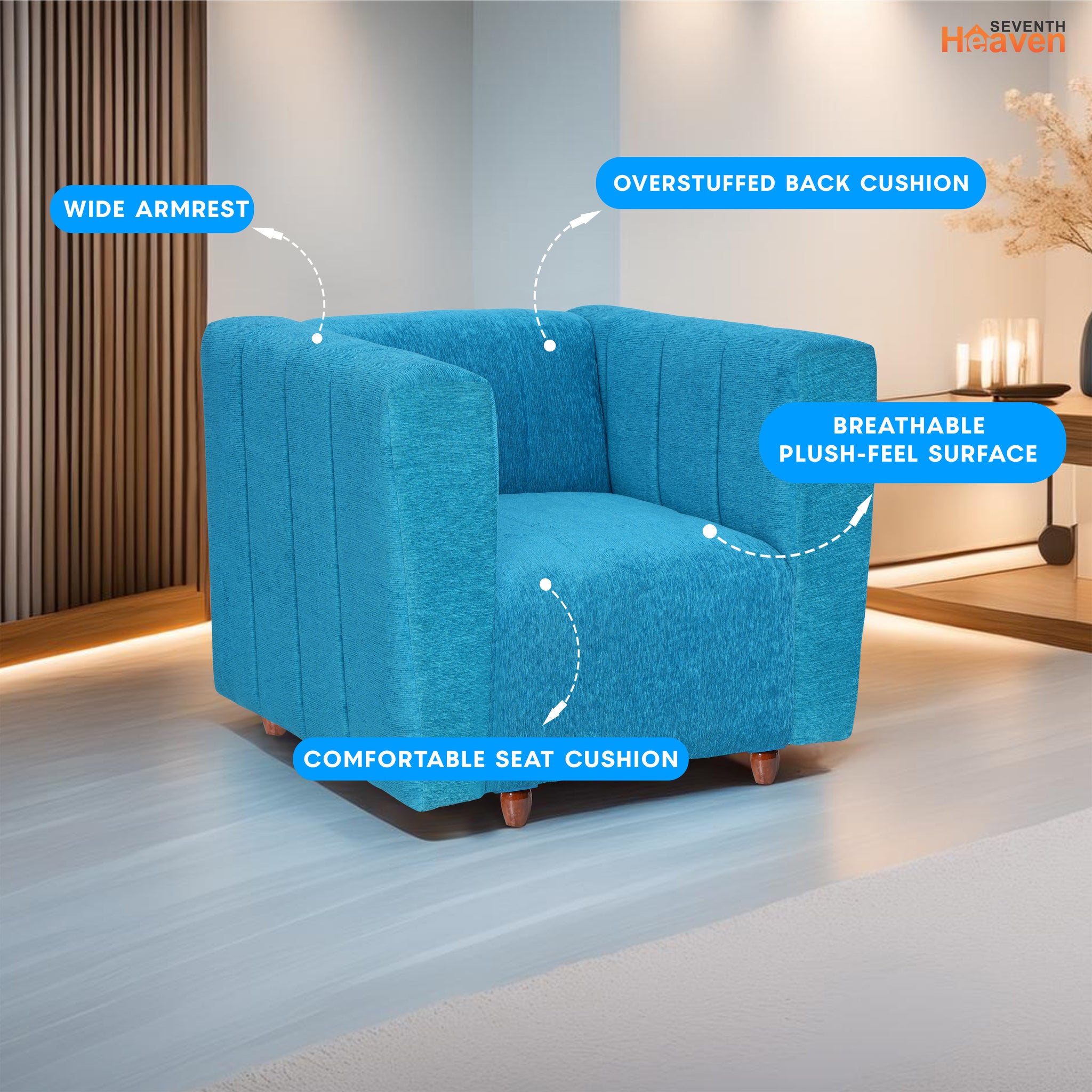Tokyo 1 Seater Sofa- ( Premium Molfino Fabric- Sky Blue )