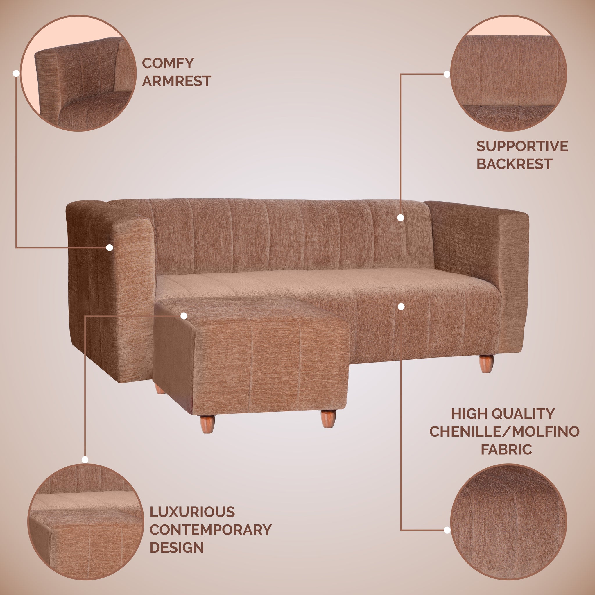 Tokyo 4 Seater Sofa with Ottoman- ( Premium Molfino Fabric- Beige )