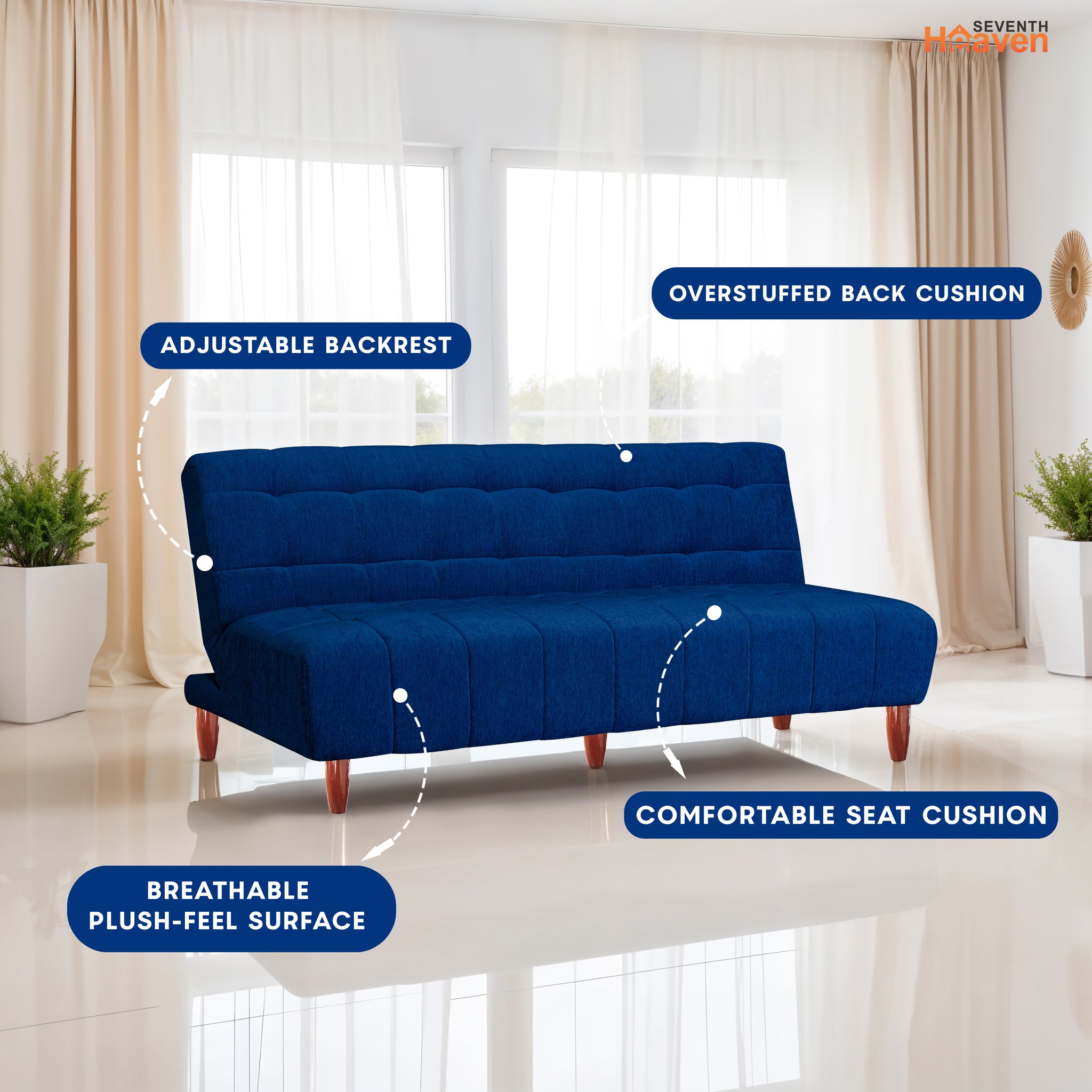 Florida 4 Seater Wooden Sofa Cum Bed - ( Premium Molfino Fabric- Blue)