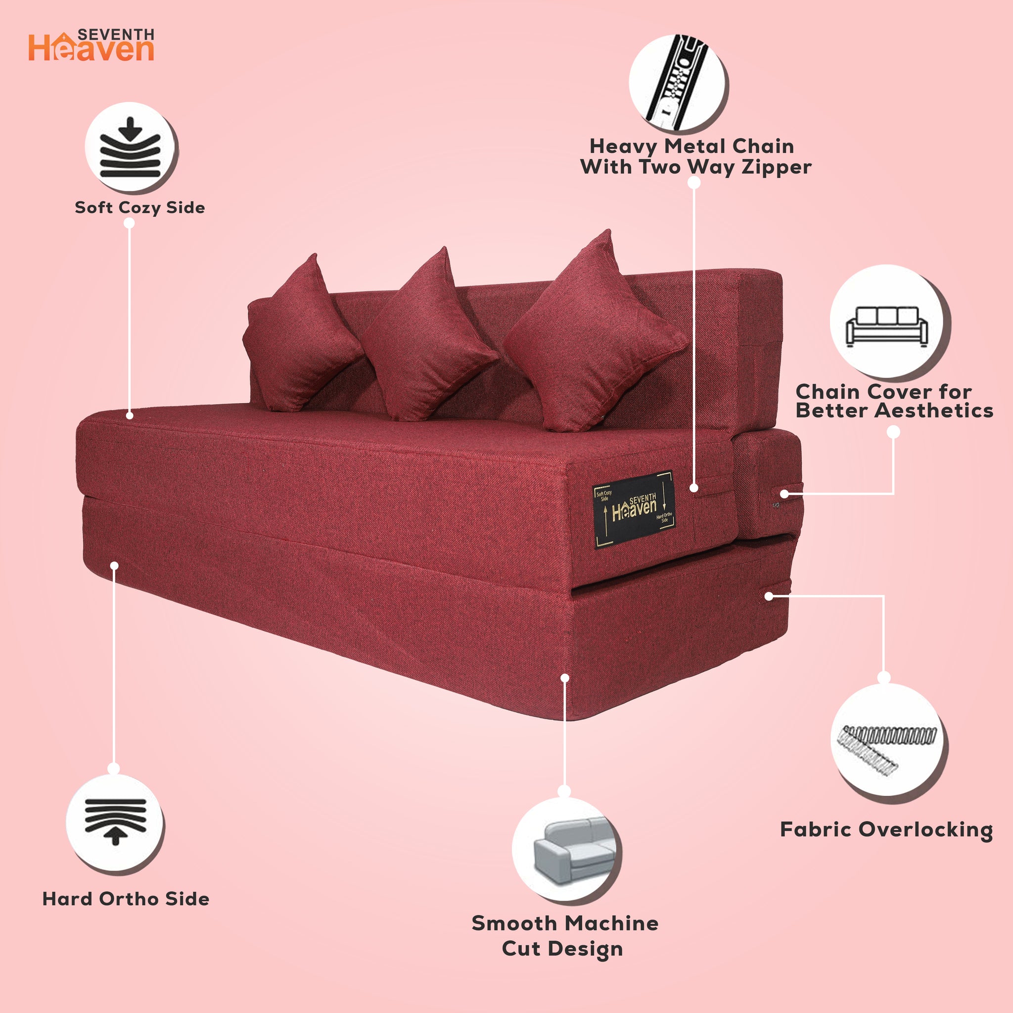 Seventh Heaven 4 Seater 6×6  Premium Jute Fabric Washable Cover Sofa cum Bed 4 Seater Double Foam Fold Out Sofa  Bed With 3 Same Cushions (Finish Color - Maroon Delivery Condition - Pre-assembled)