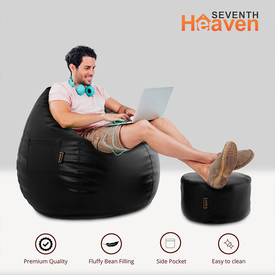 Seventh Heaven 4XL Filled Bean Bag with Cushion and Footrest - Scratch Resistant Premium Leatherite Bean Bag Chair With Bean Filling  (Black)