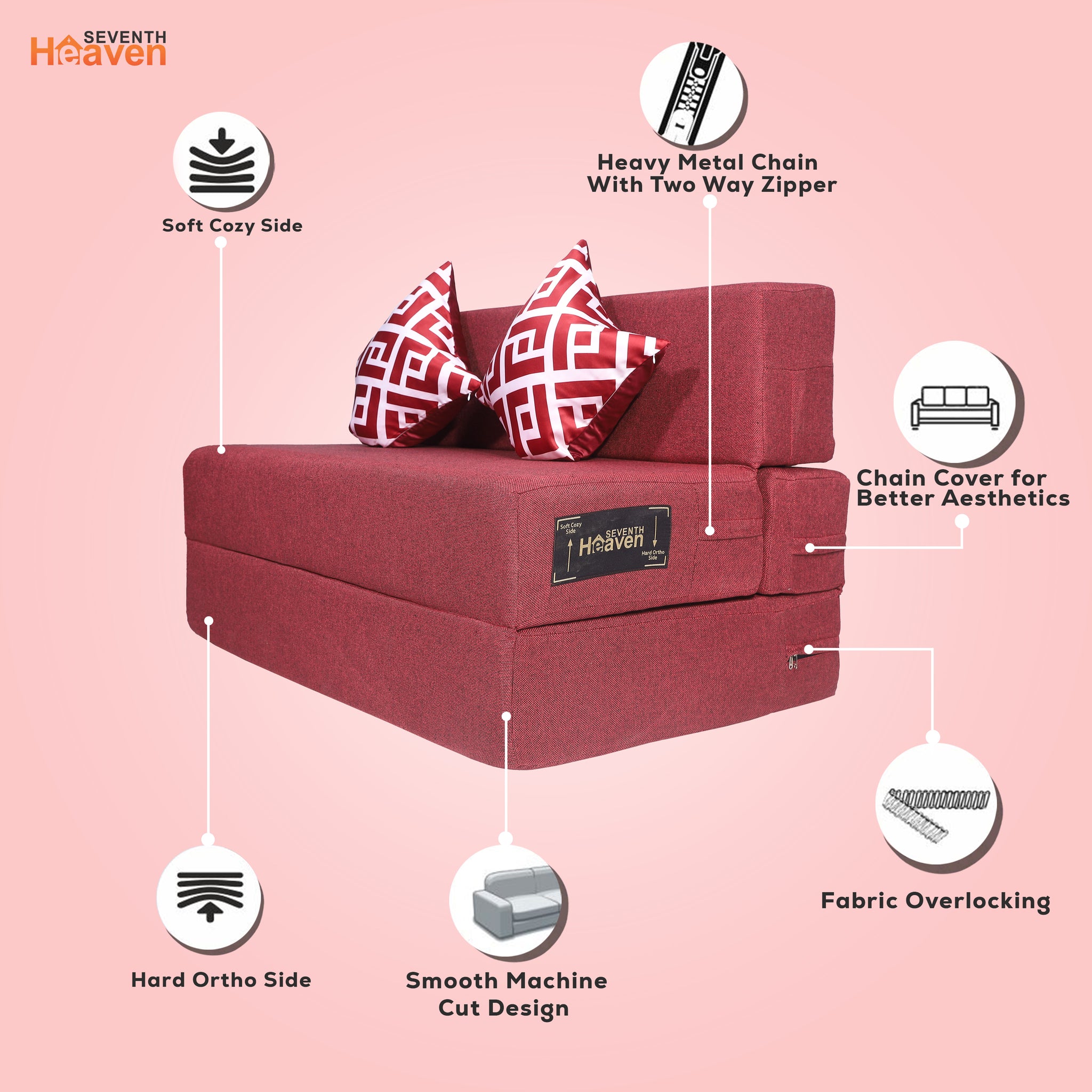 Seventh Heaven 2 Seater 6×4  Premium Jute Fabric Washable Cover Sofa cum Bed 2 Seater Double Foam Fold Out Sofa  Bed With 2 Printed Cushions (Finish Color - Maroon Delivery Condition - Pre-assembled)