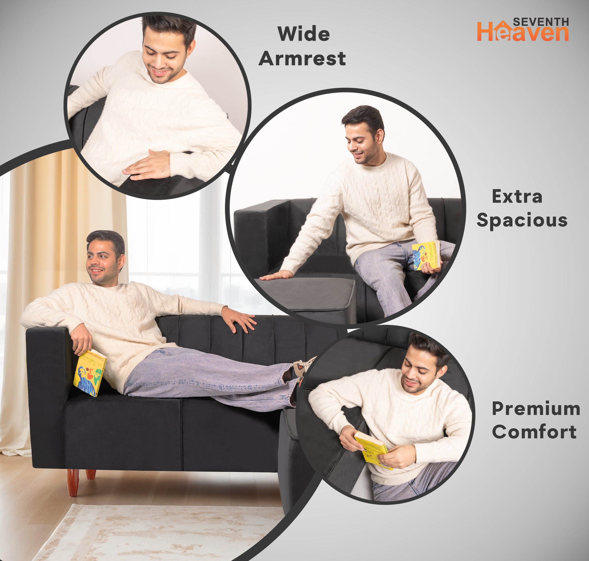 Sydney 4 Seater Sofa with Ottoman- ( Premium Holland Fabric- Black )