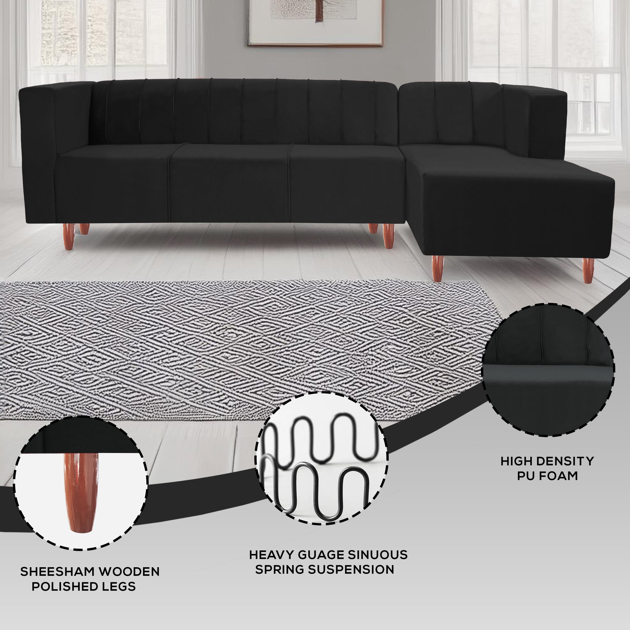 Sydney 6 Seater sofa right corner- ( Plush Suede Fabric- Black )