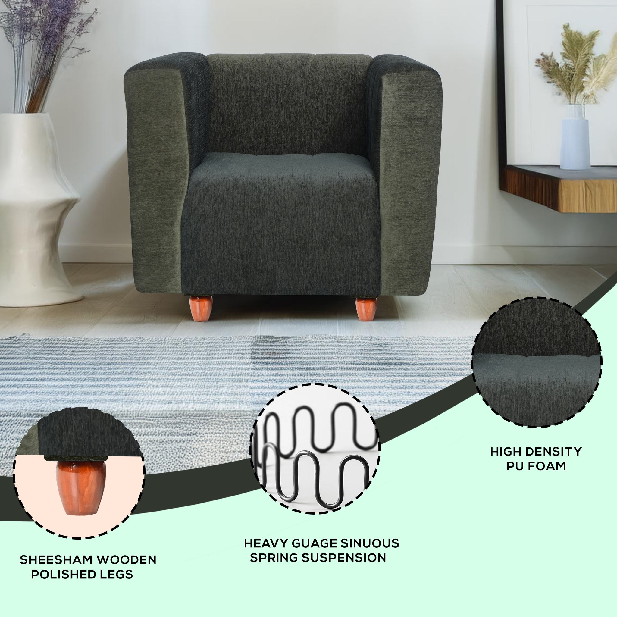 Tokyo 1 Seater Sofa- ( Premium Molfino Fabric- Green )